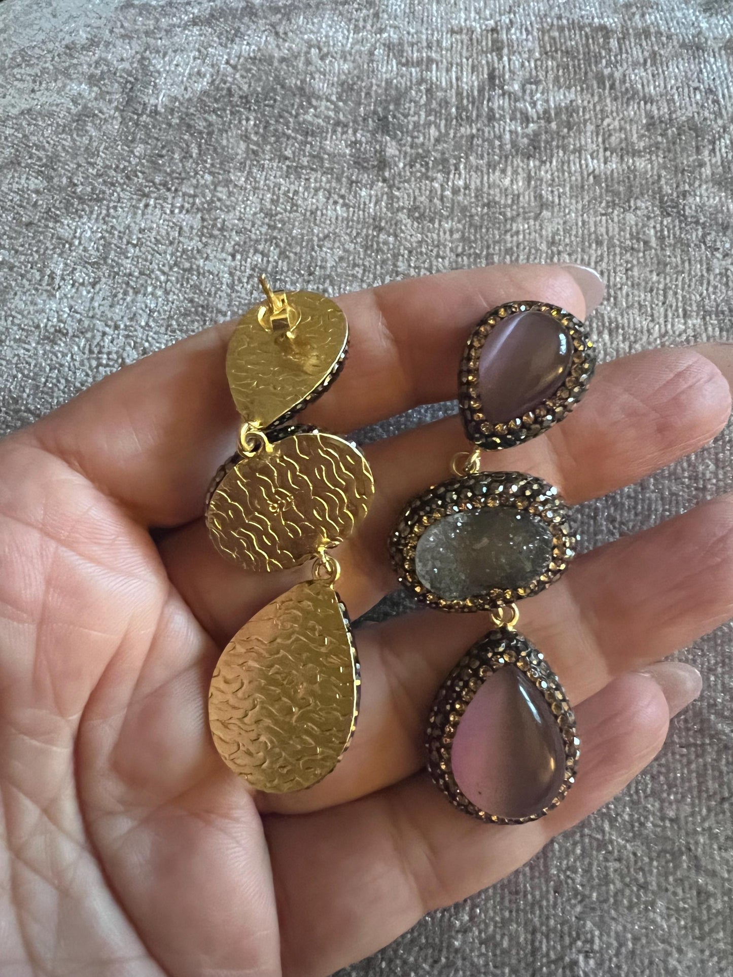 Earrings with grey and pink cats eye 925 silver with Swarovski crystal surround.