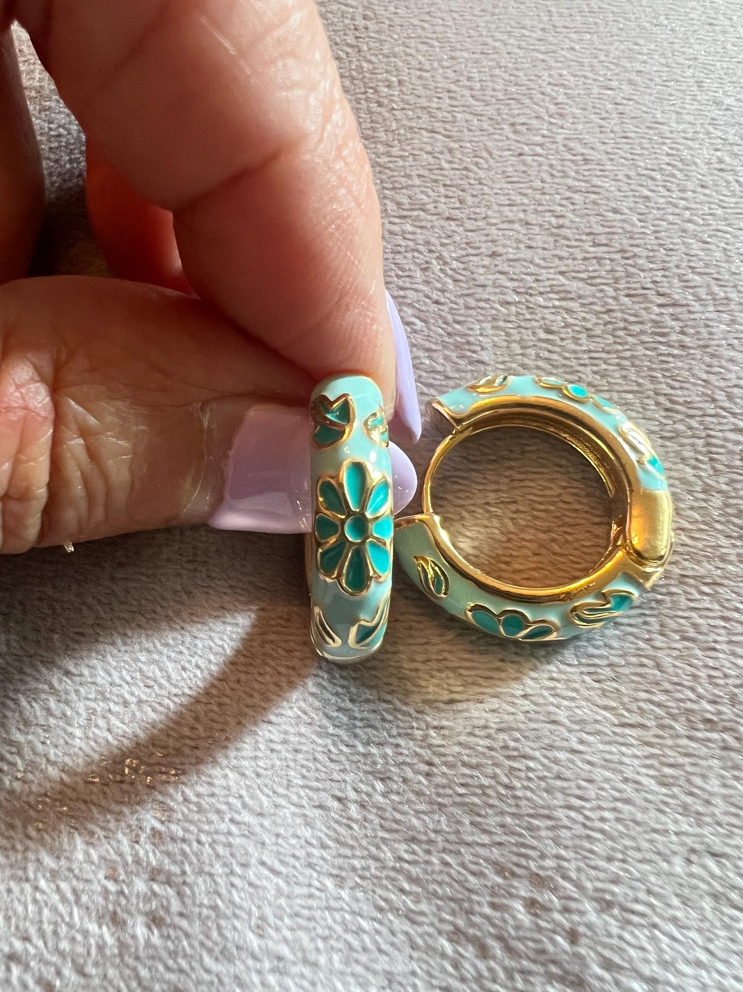 Huggie Earrings, green flower enamel design