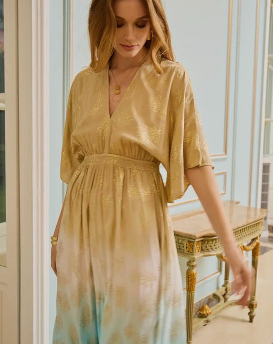 Beautiful, beige and blue shaded and gold foil flared trouser jumpsuit, v-back neck with gold tassle, weddings, parties, birthdays