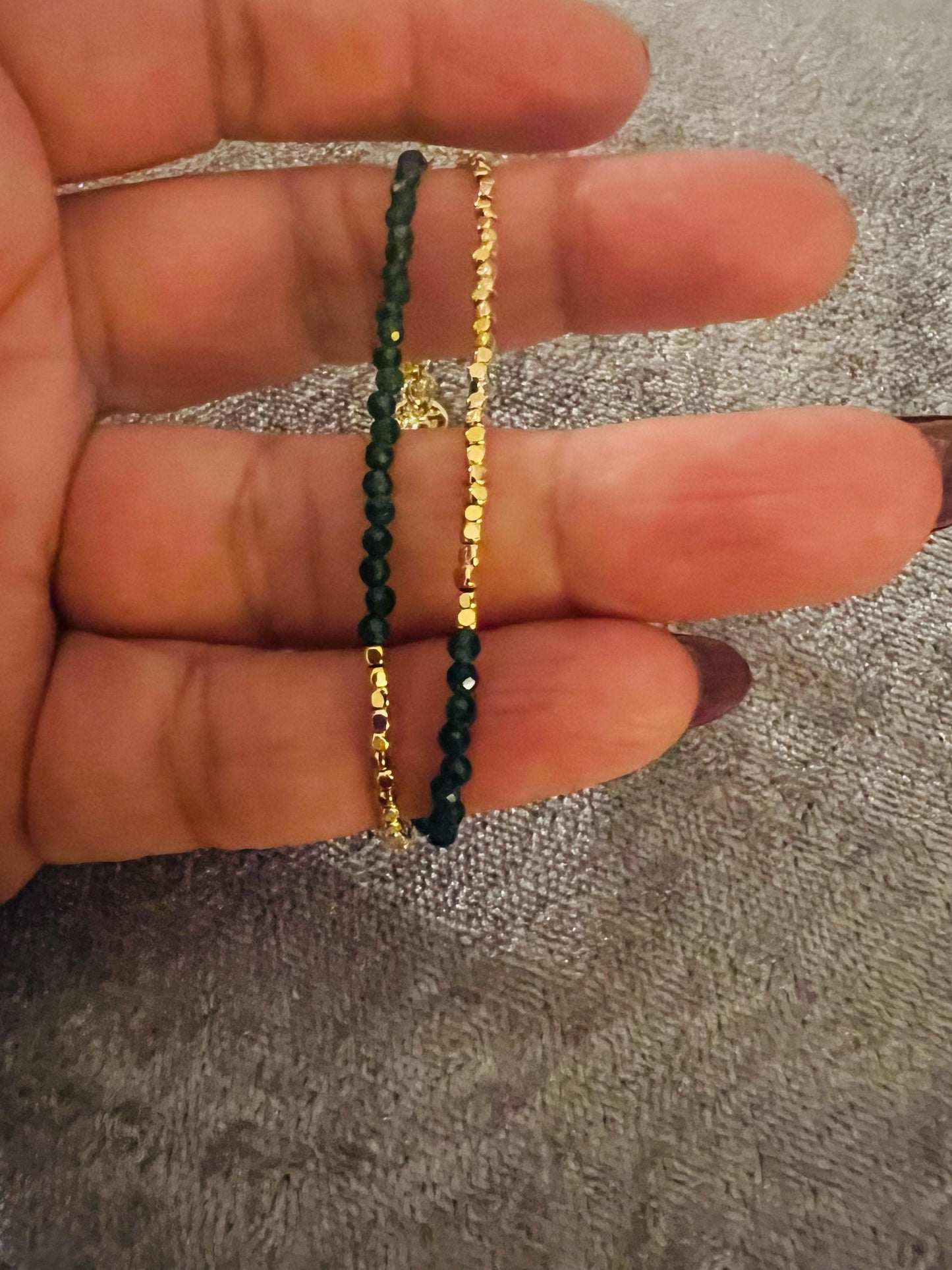 Elegant Green Bead and Gold Bracelet | Dainty Layered Gemstone Beaded Jewellery | Adjustable Gold Chain Bracelet | Handmade Gift for Her