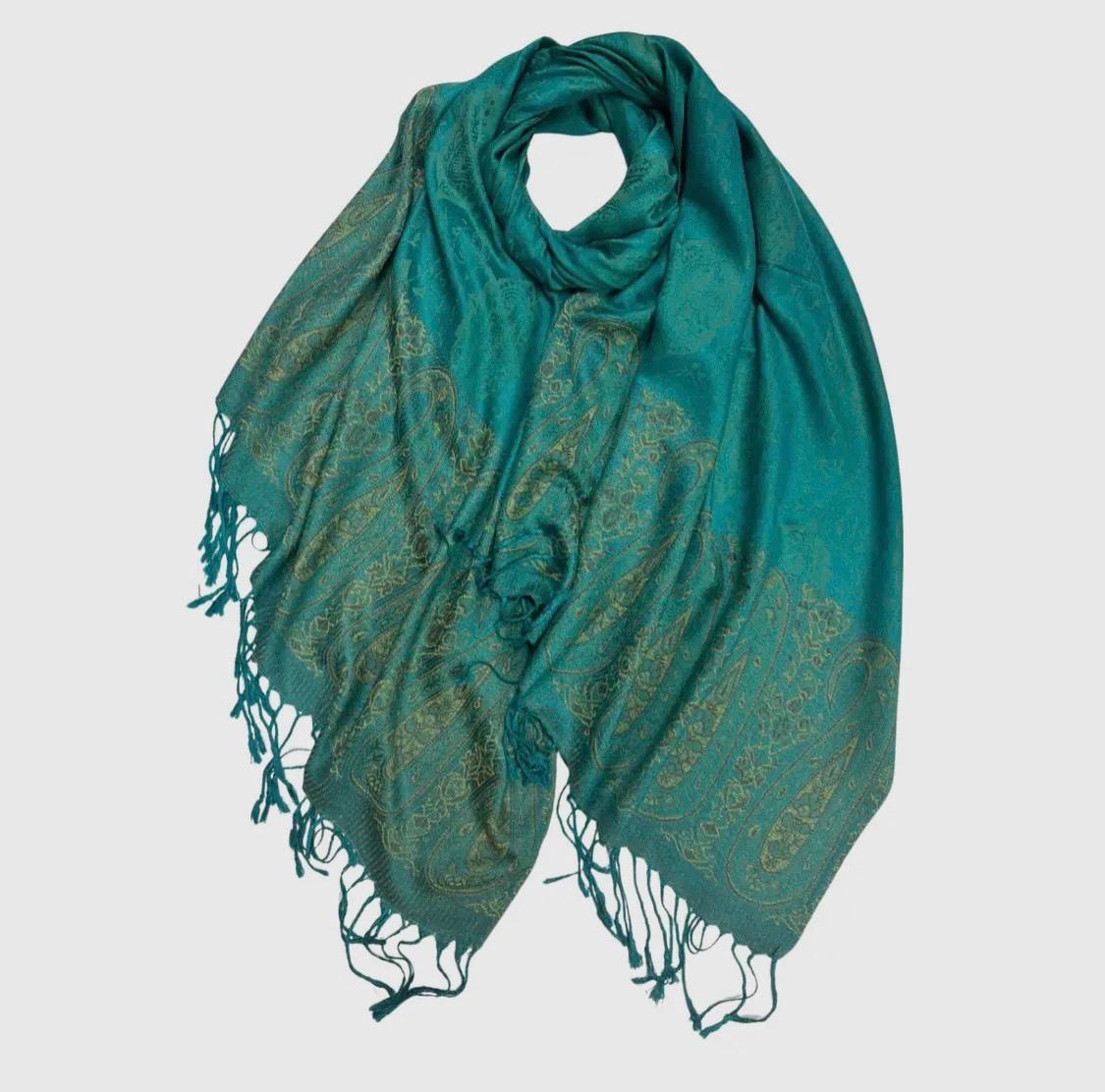 Pashmina/wrap/shawl with a beautiful paisley self print and a paisley border and fringe