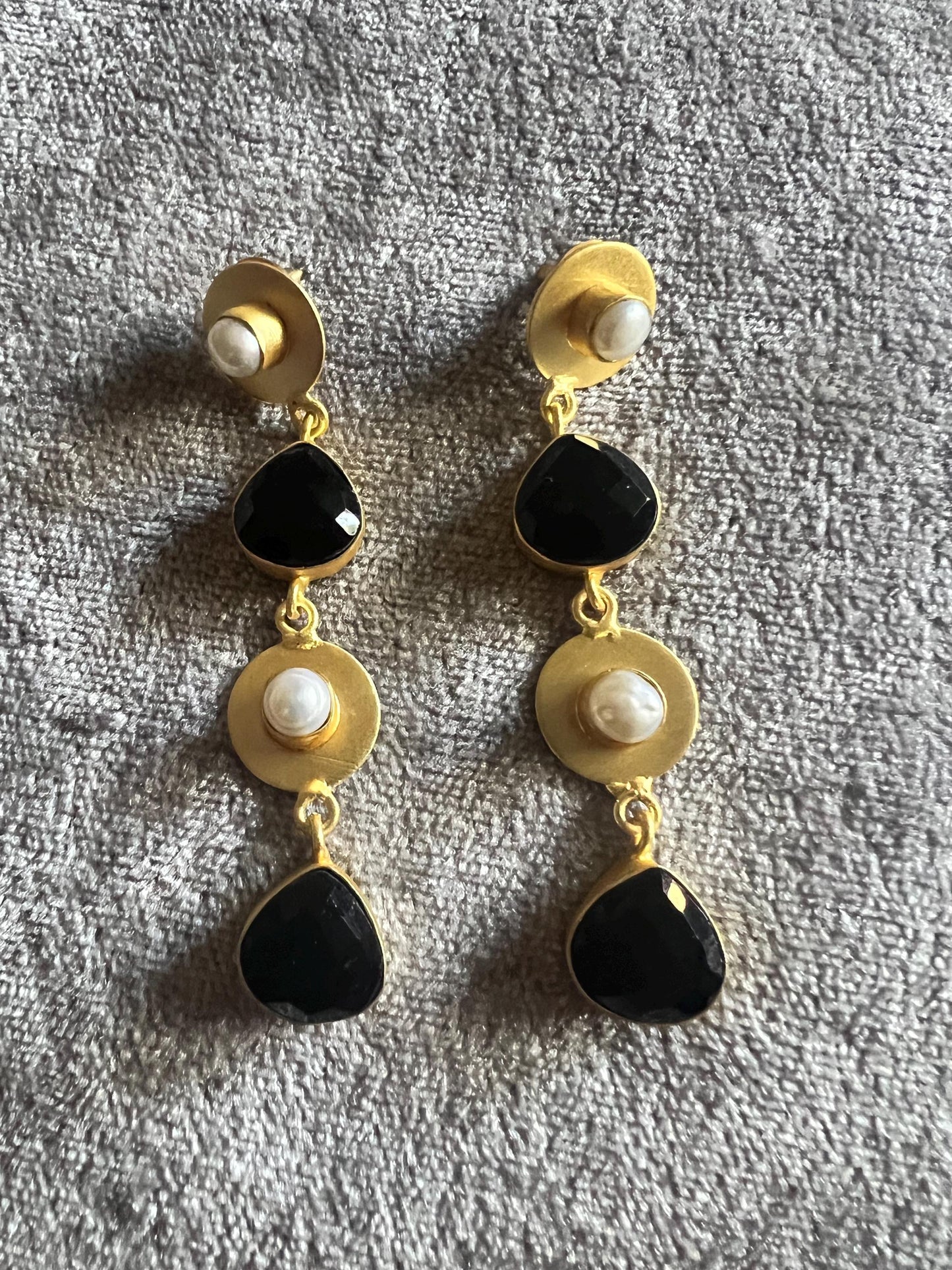 Genuine Gemstone Dangler Earrings with Pearl, Amethyst Black Onyx and Aquamarine