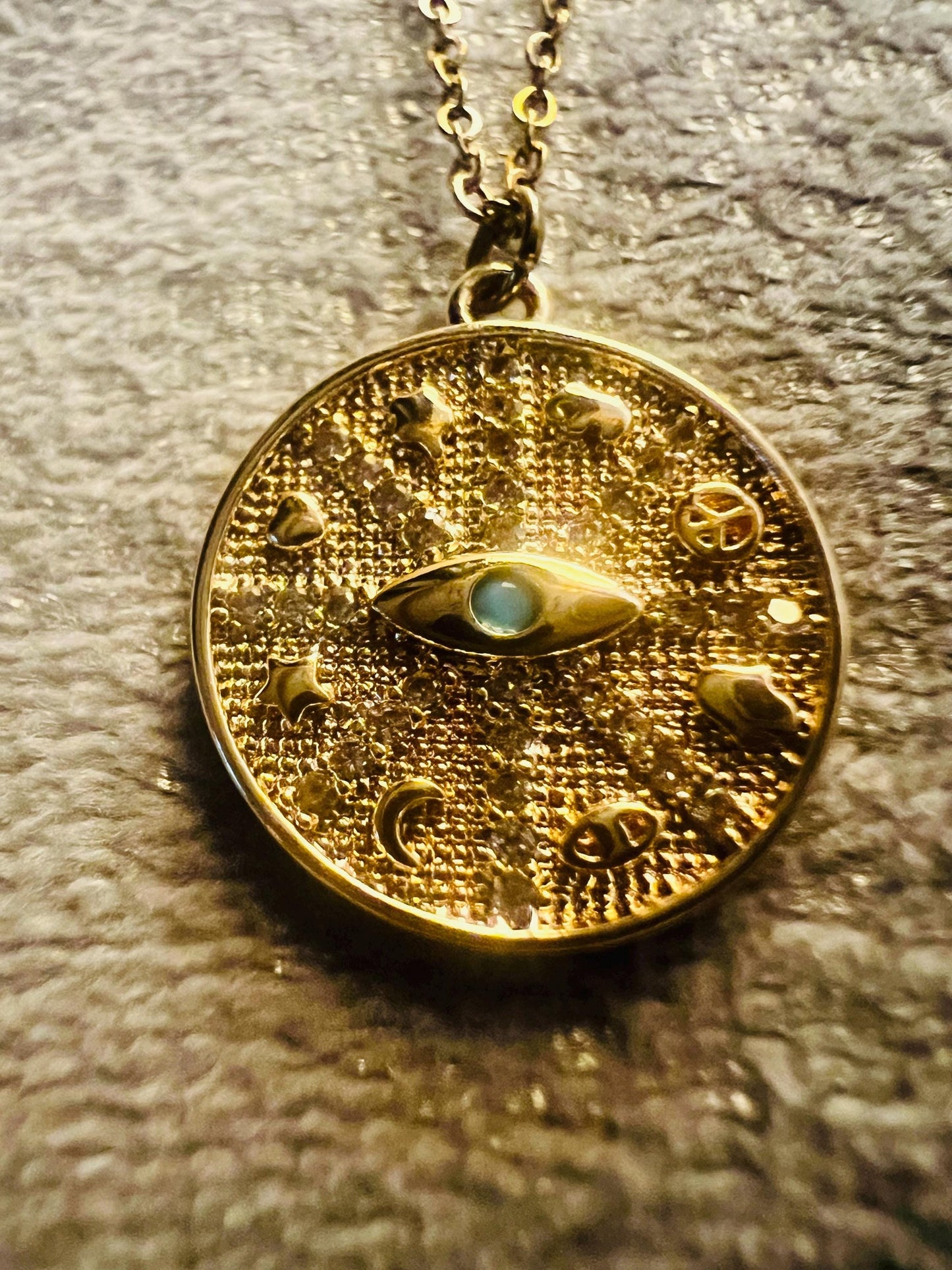 Evil Eye Coin Necklace with turquoise centre stone and Cubic Zirconia designs