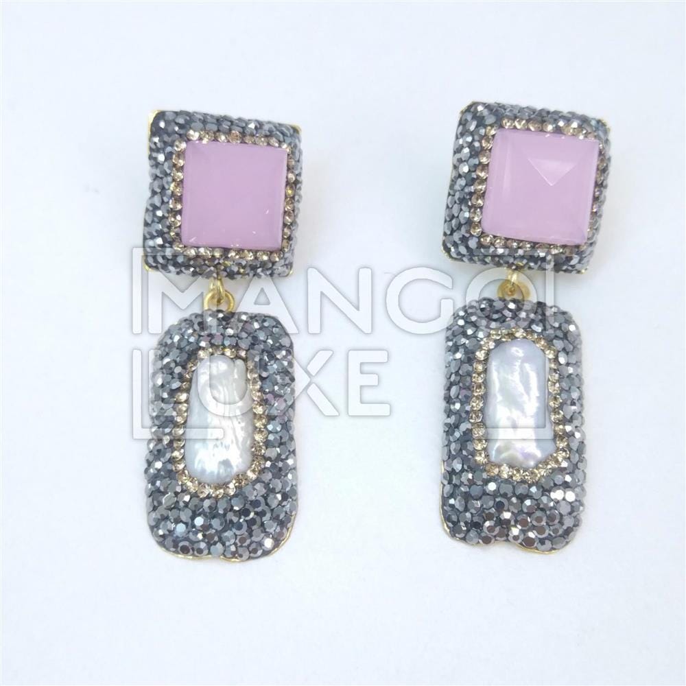 925 silver, cultured pearl and pink cats eye earrings with handmade crystal surround