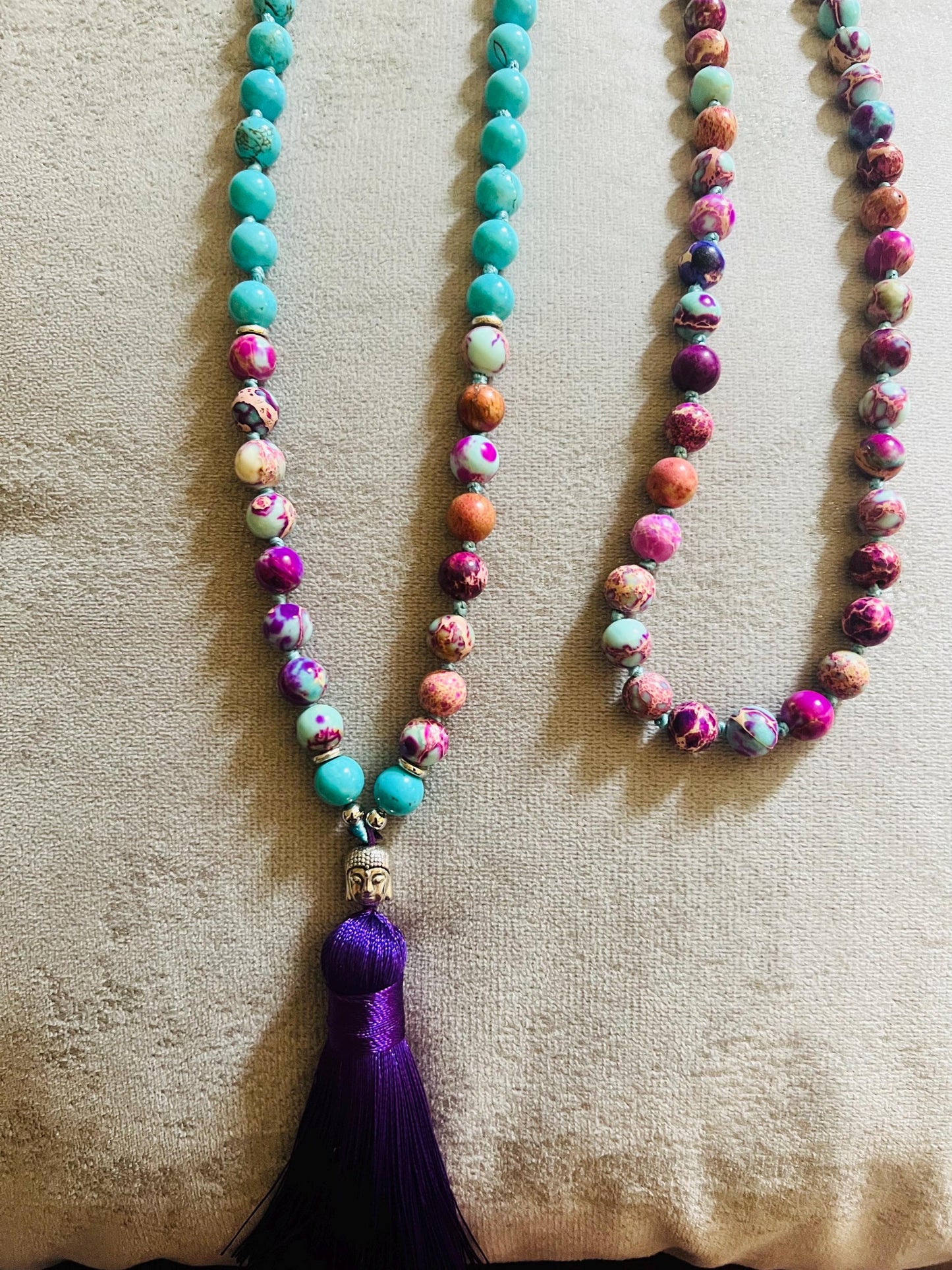 108 Bead Meditation Necklace, Jap Mala, turquoise and violet jasper gemstones