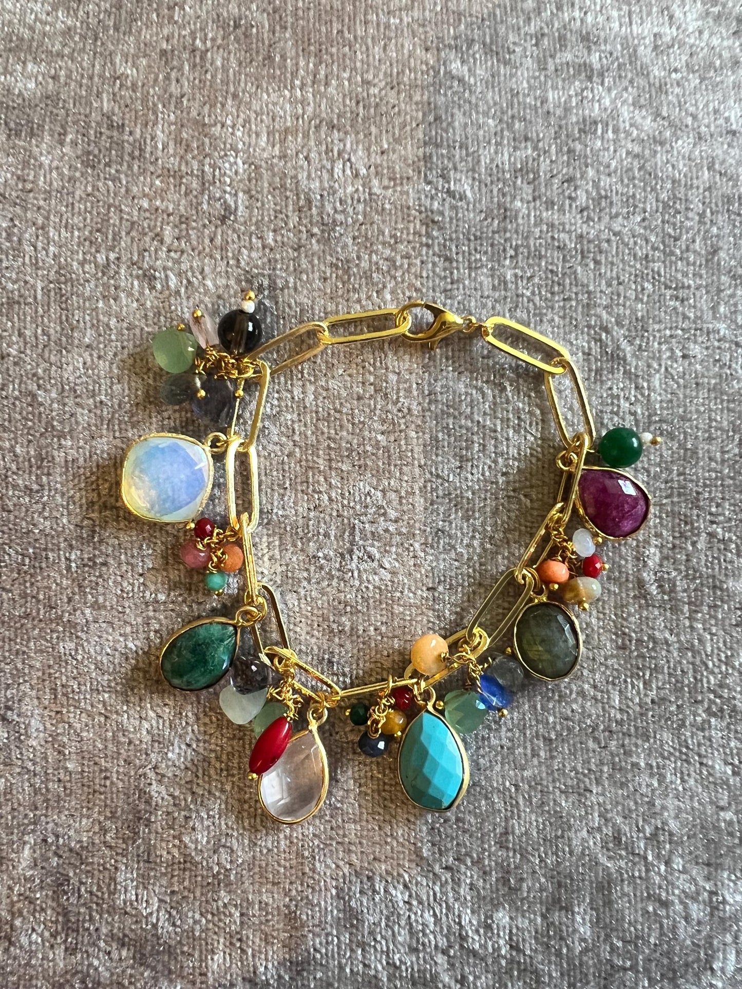 Exquisite Emerald, Ruby, Coral Link Charm Bracelet