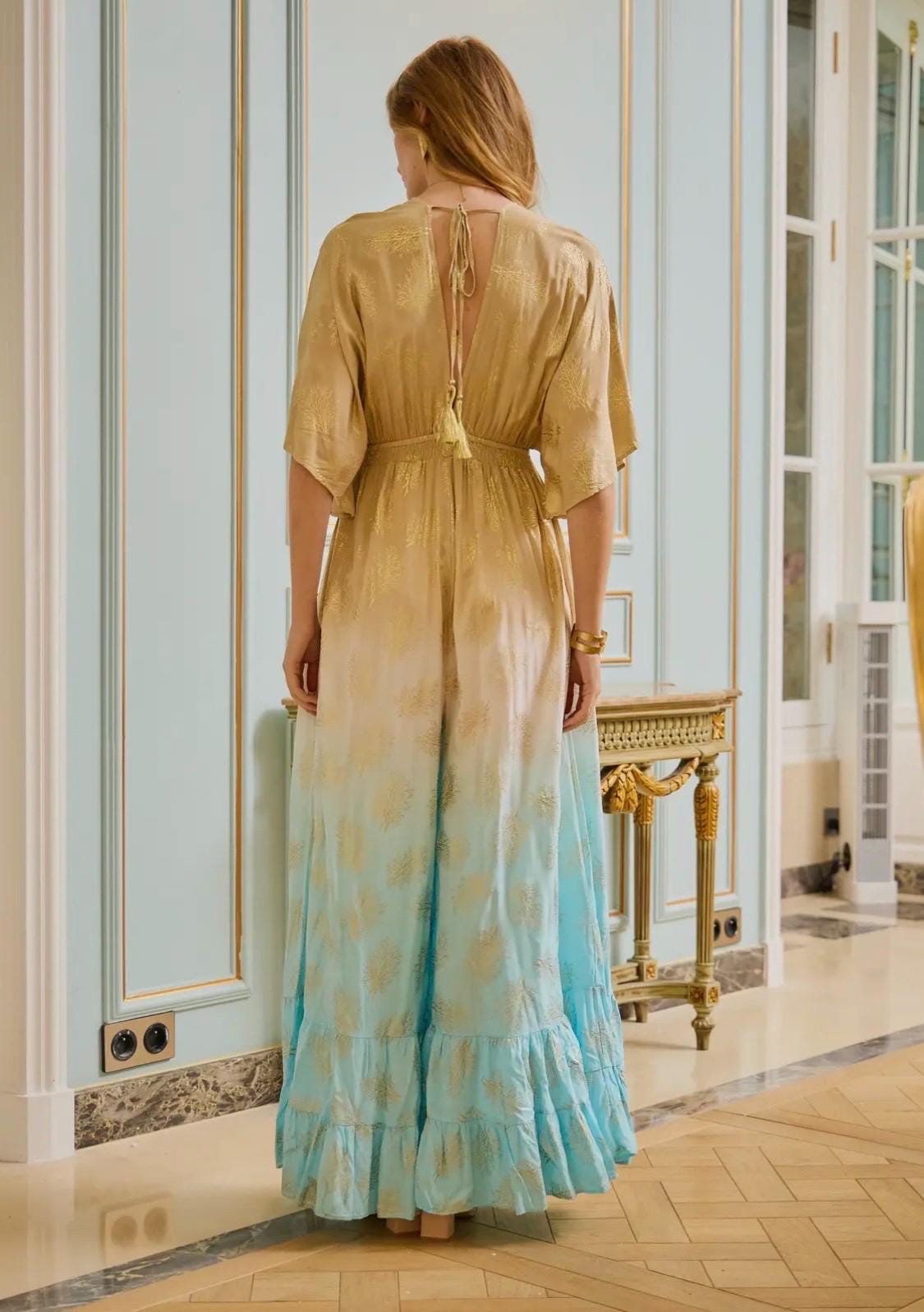 Beautiful, beige and blue shaded and gold foil flared trouser jumpsuit, v-back neck with gold tassle, weddings, parties, birthdays