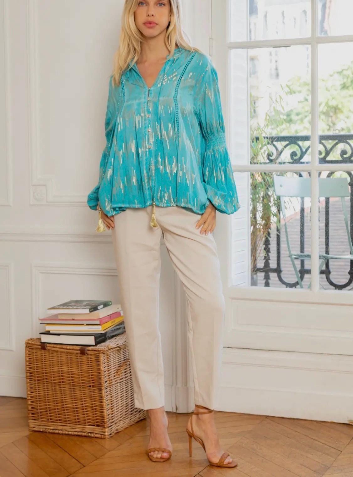 Turquoise & Gold Foil Lantern Sleeve Blouse – Women's Shirt (Sizes S, M, L)