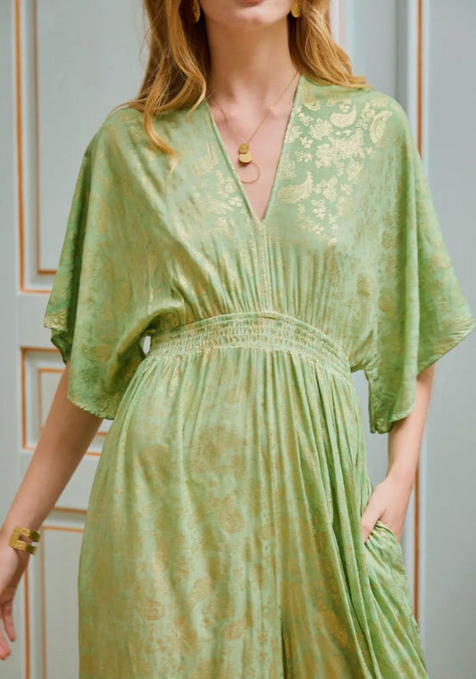 Beautiful, green and gold foil flared trouser jumpsuit, v-back neck with gold tassle, weddings, parties, birthdays