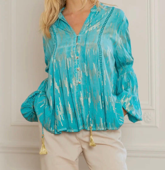 Turquoise & Gold Foil Lantern Sleeve Blouse – Women's Shirt (Sizes S, M, L)