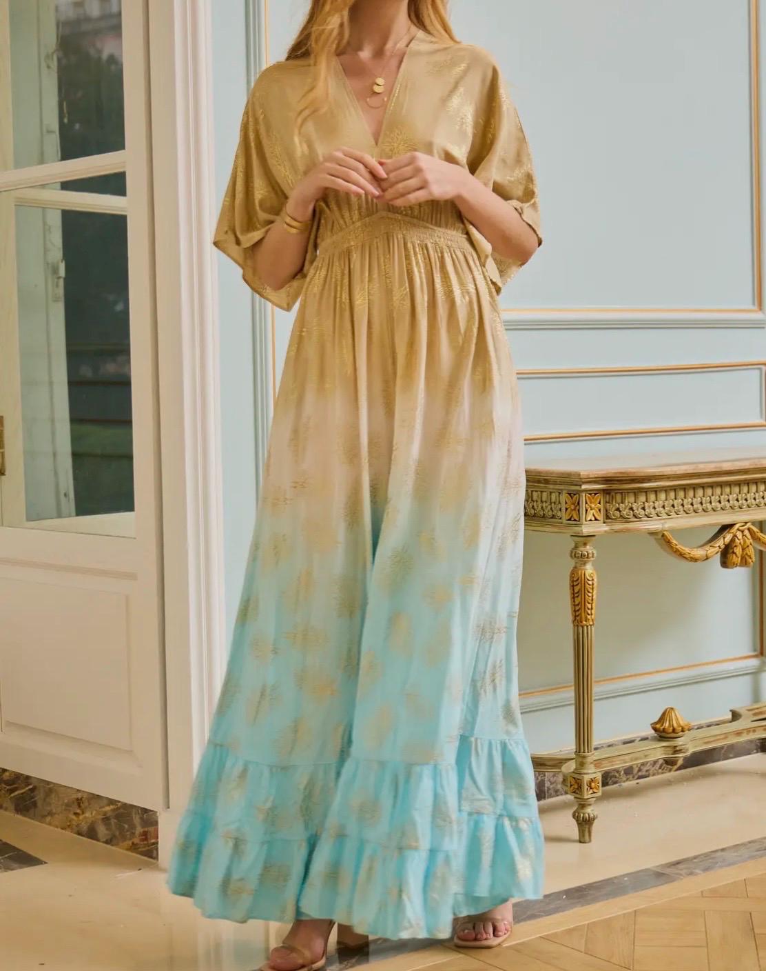 Beautiful, beige and blue shaded and gold foil  flared trouser jumpsuit, v-back neck with gold tassle, weddings, parties, birthdays