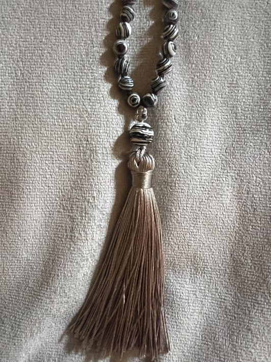 108 Bead Meditation Necklace, Jap Mala black and white Ibizan Necklace