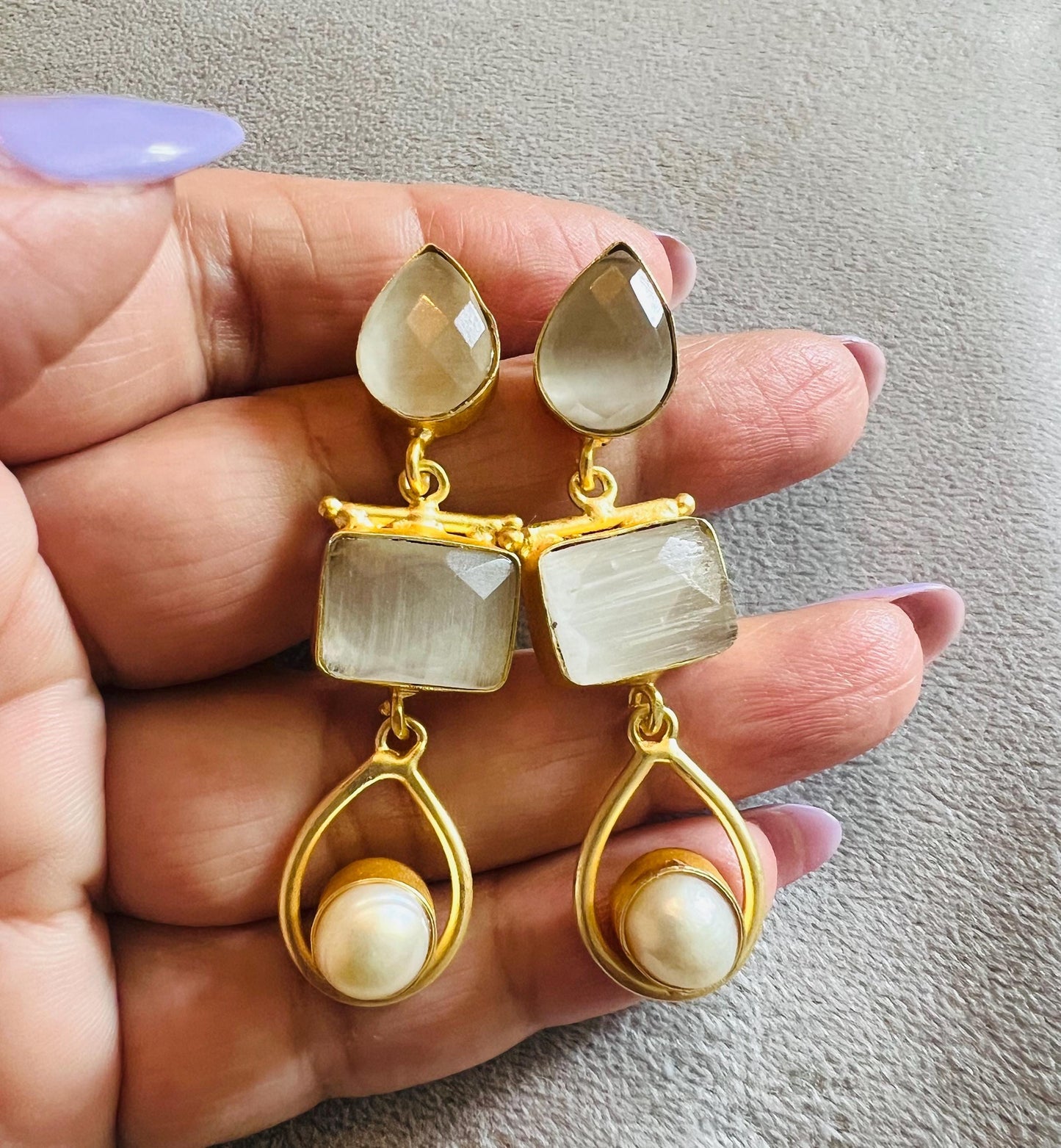 Genuine Gemstone Dangler Earrings with Pearl, Amethyst Black Onyx and Aquamarine