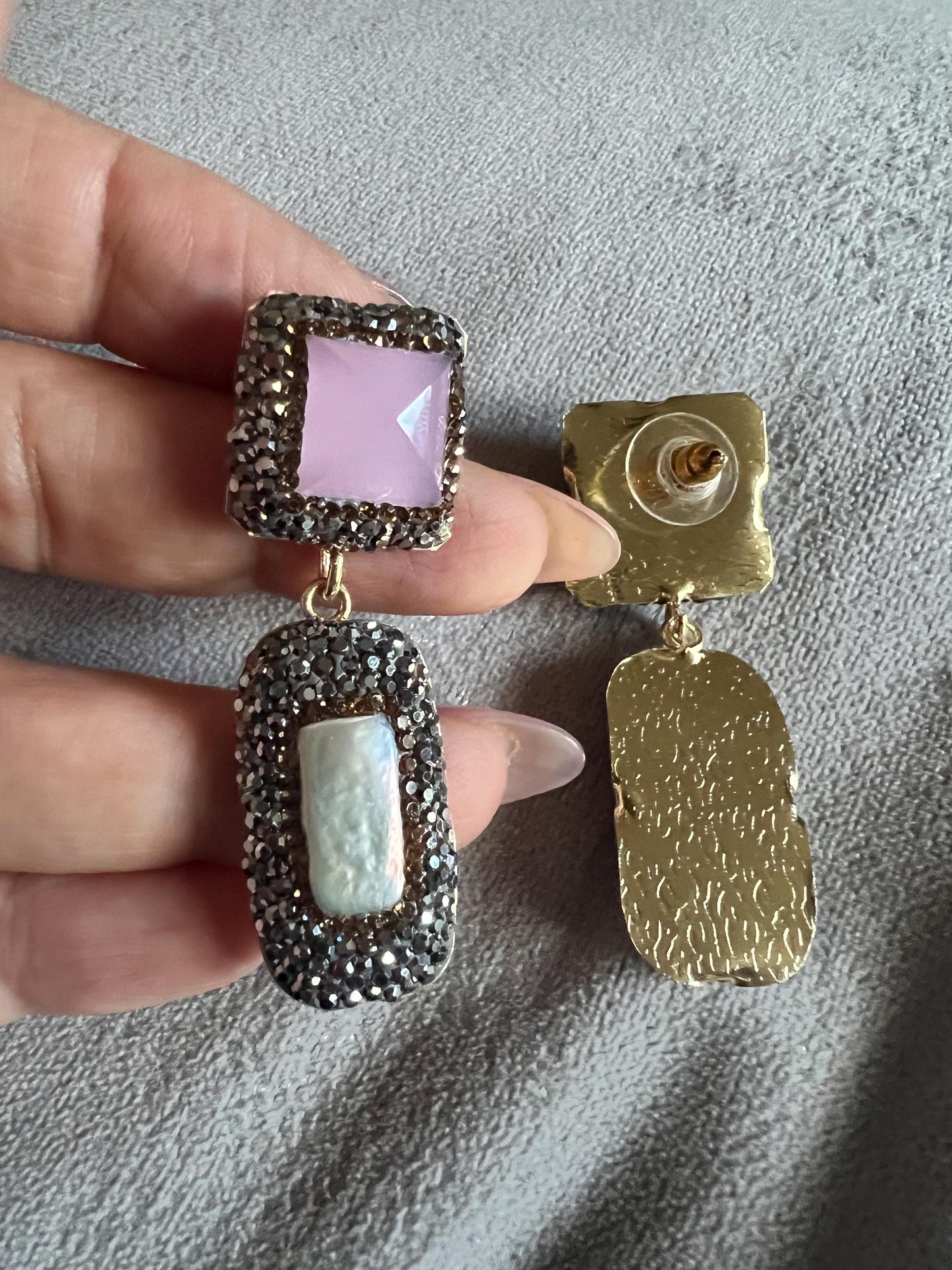 925 silver, cultured pearl and pink cats eye earrings with handmade crystal surround