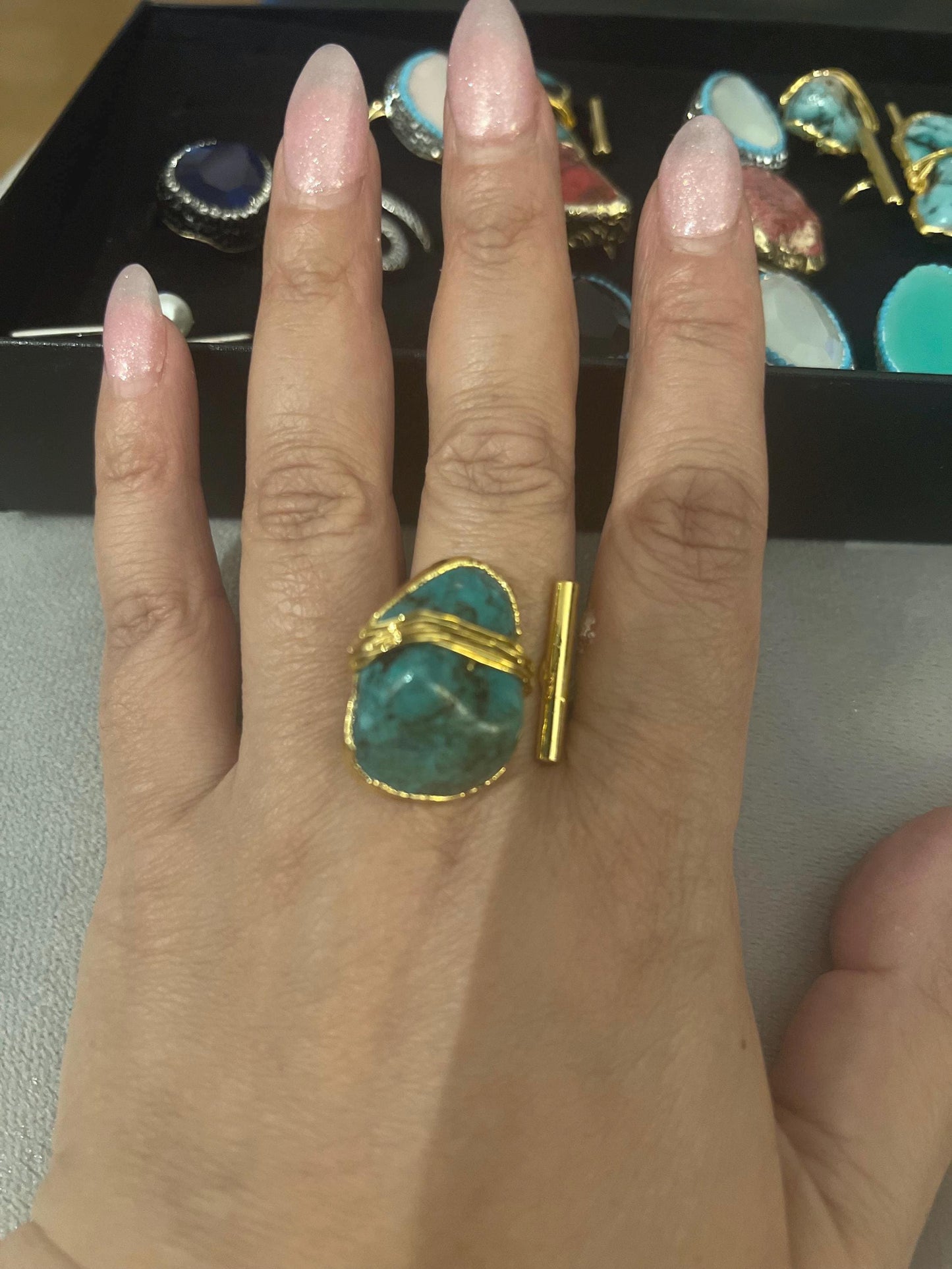 Handmade natural stone asymmetrical , gold plated adjustable ring