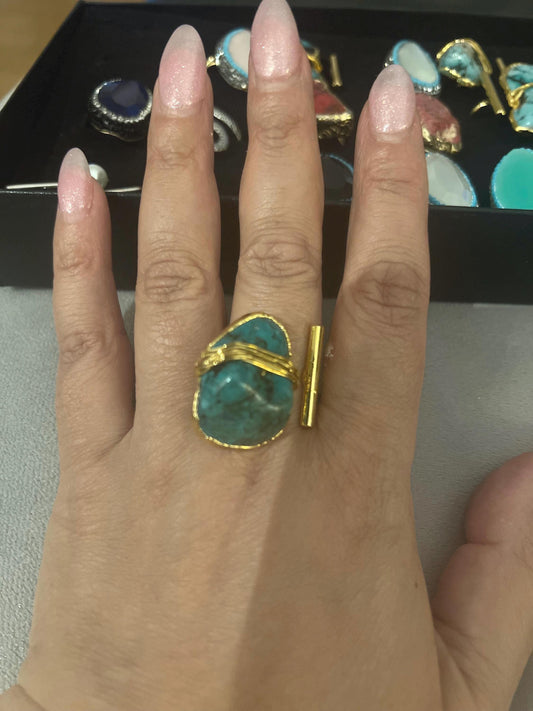 Handmade natural stone asymmetrical , gold plated adjustable ring
