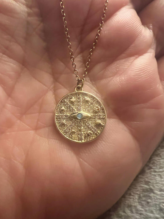Evil Eye Coin Necklace with turquoise centre stone and Cubic Zirconia designs