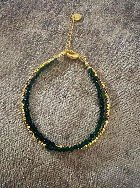Elegant Green Bead and Gold Bracelet | Dainty Layered Gemstone Beaded Jewellery | Adjustable Gold Chain Bracelet | Handmade Gift for Her