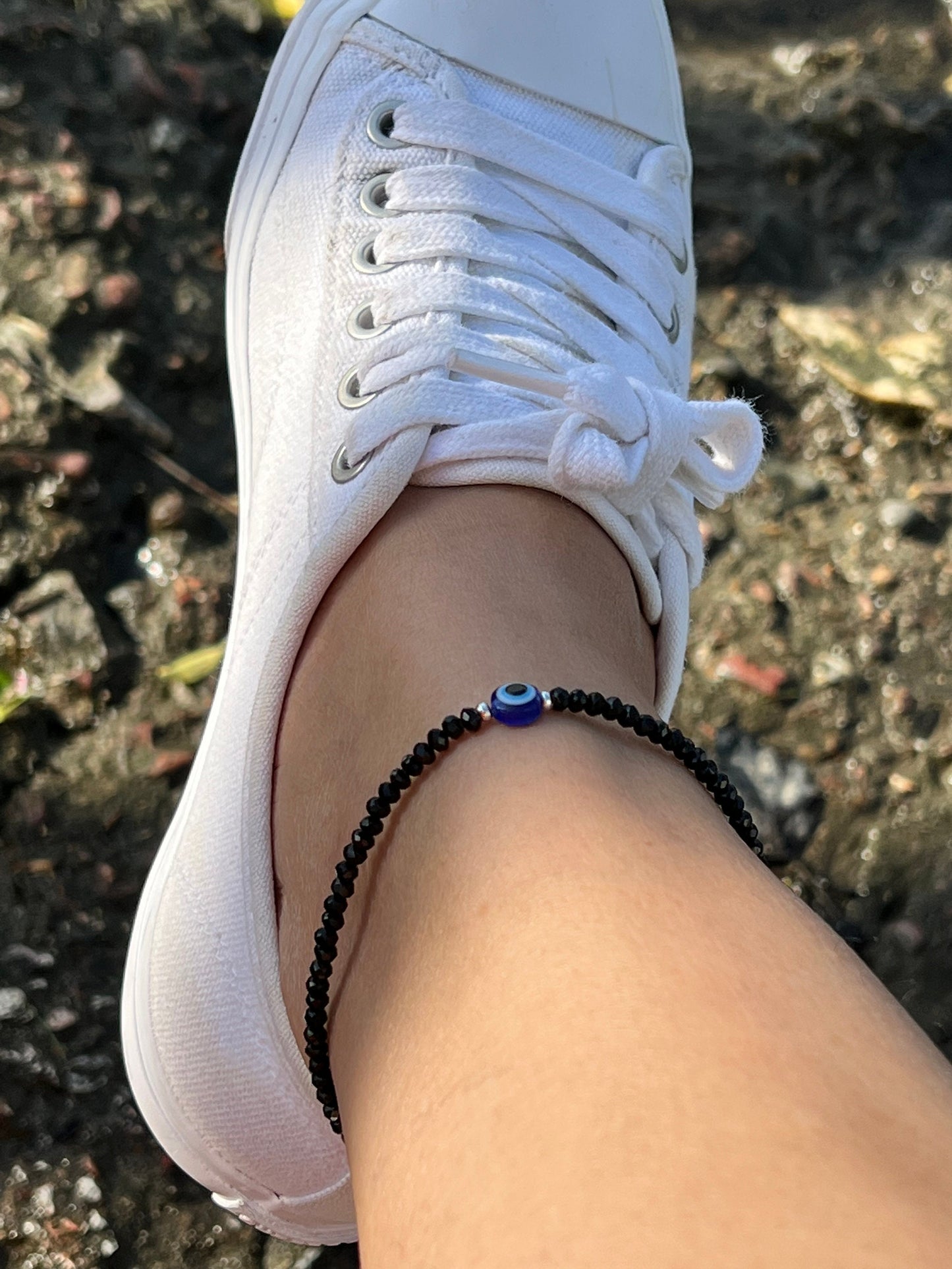 Black bead, Anklet, evil eye, summer beach. Add a touch of glamour with this lightweight ankle bracelet with an evil eye charm
