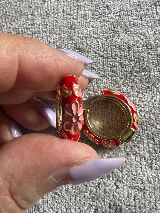 Huggie Earrings, red flower enamel design