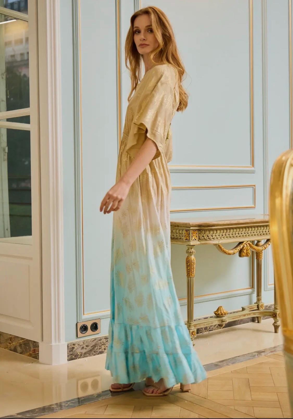 Beautiful, beige and blue shaded and gold foil  flared trouser jumpsuit, v-back neck with gold tassle, weddings, parties, birthdays