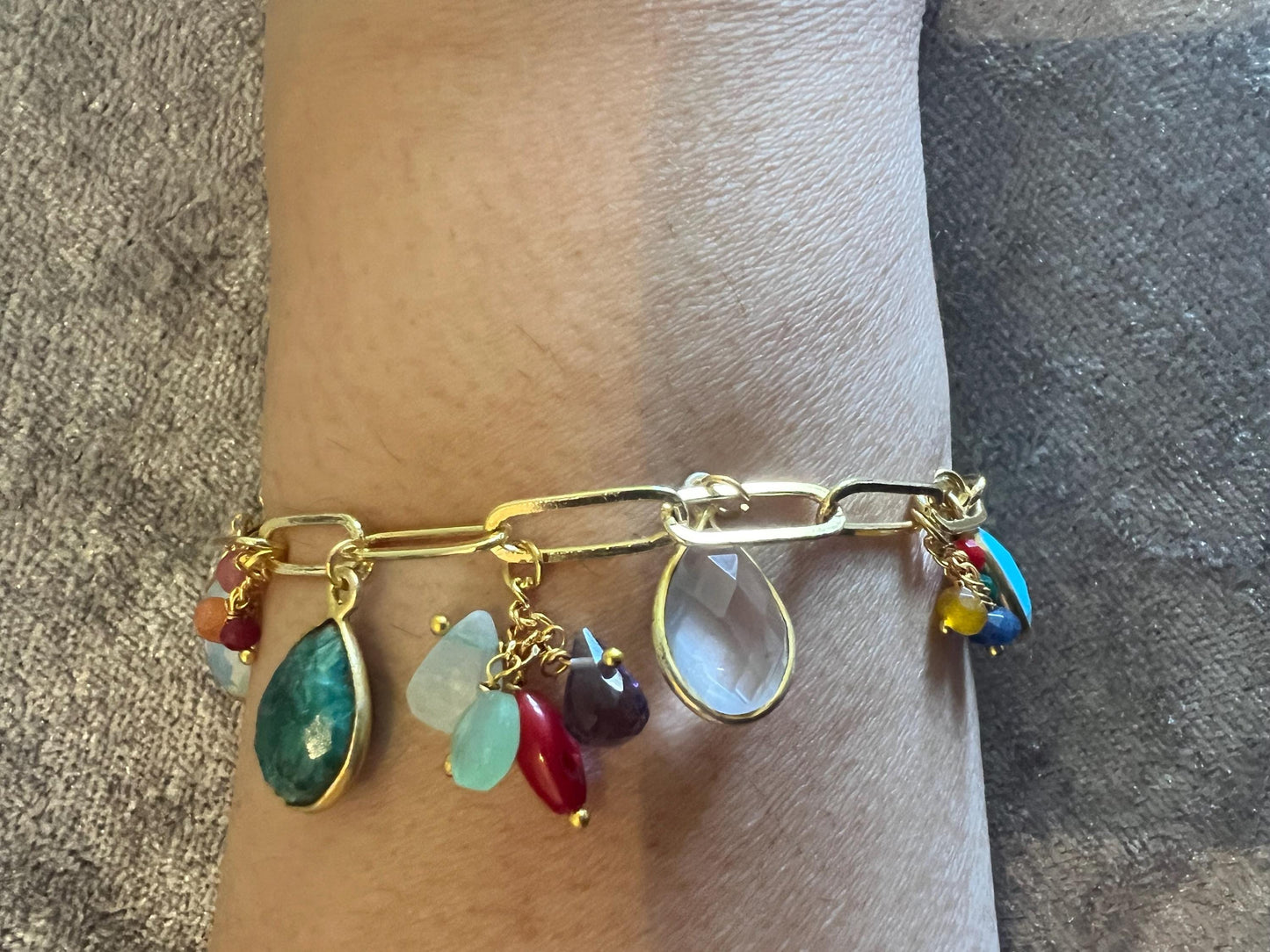 Exquisite Emerald, Ruby, Coral Link Charm Bracelet