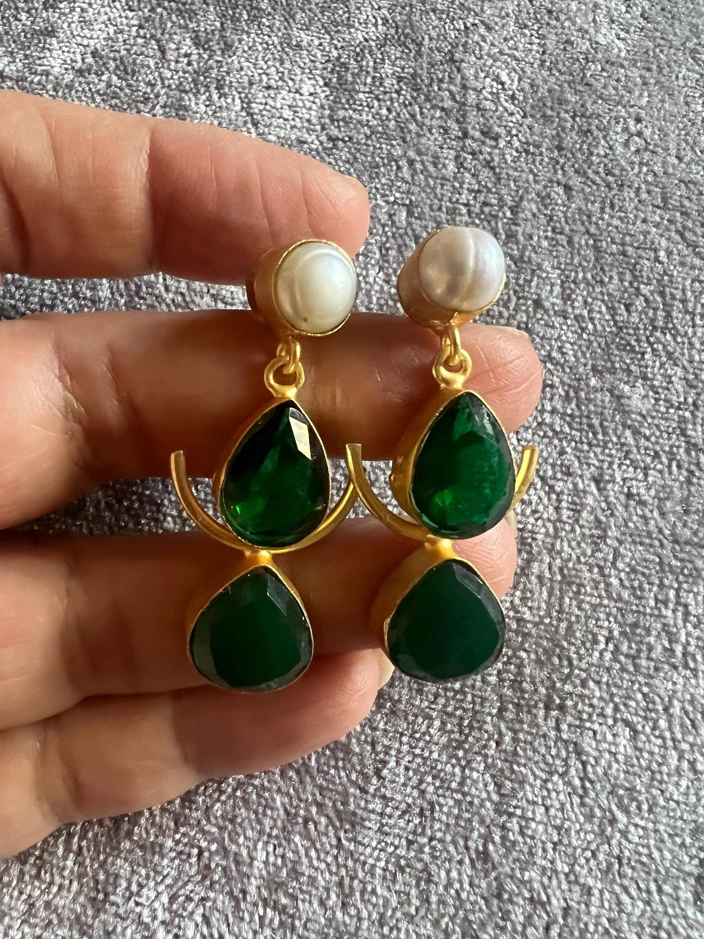 Genuine Gemstone Dangler Earrings with Pearl, Amethyst Black Onyx and Aquamarine