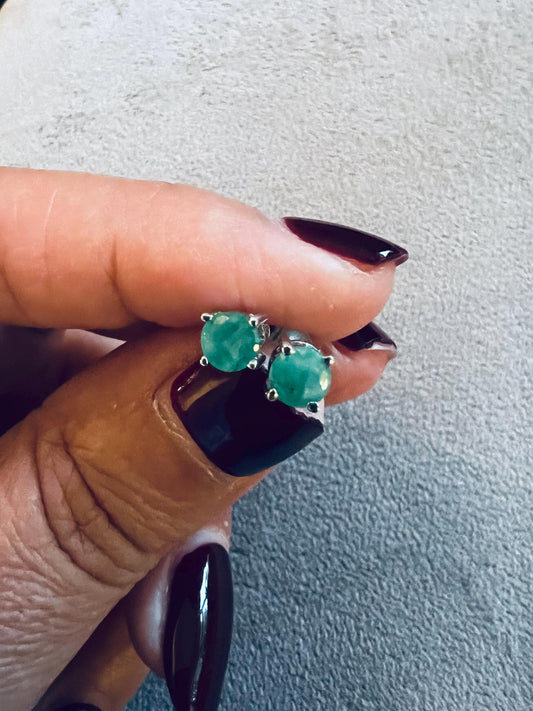 Natural Emerald Stud Earrings in Sterling Silver | May Birthstone Earrings | Green Gemstone Minimalist Studs | Gift for Her | Handmade