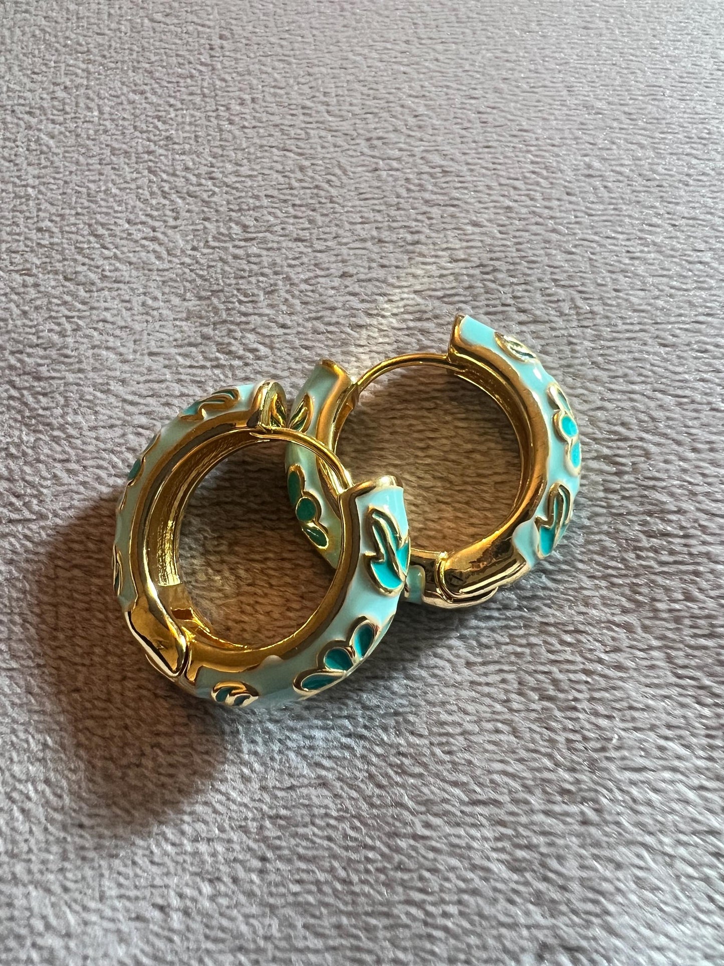 Huggie Earrings, green flower enamel design