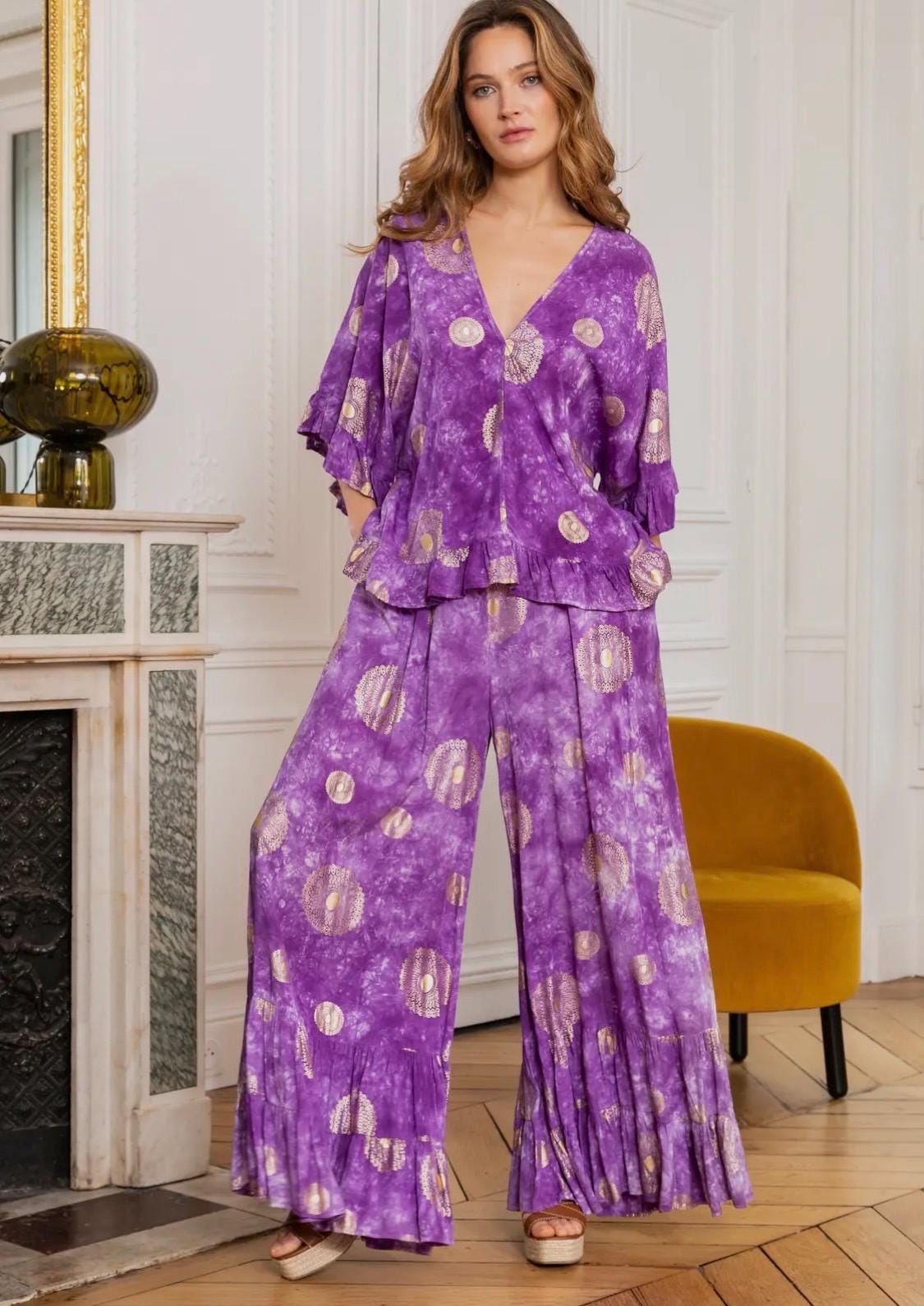 Beautiful,  co-ordinated flared trouser suit, v-back neck with gold tassle, weddings, parties, birthdays. Available in grey, purple or pink