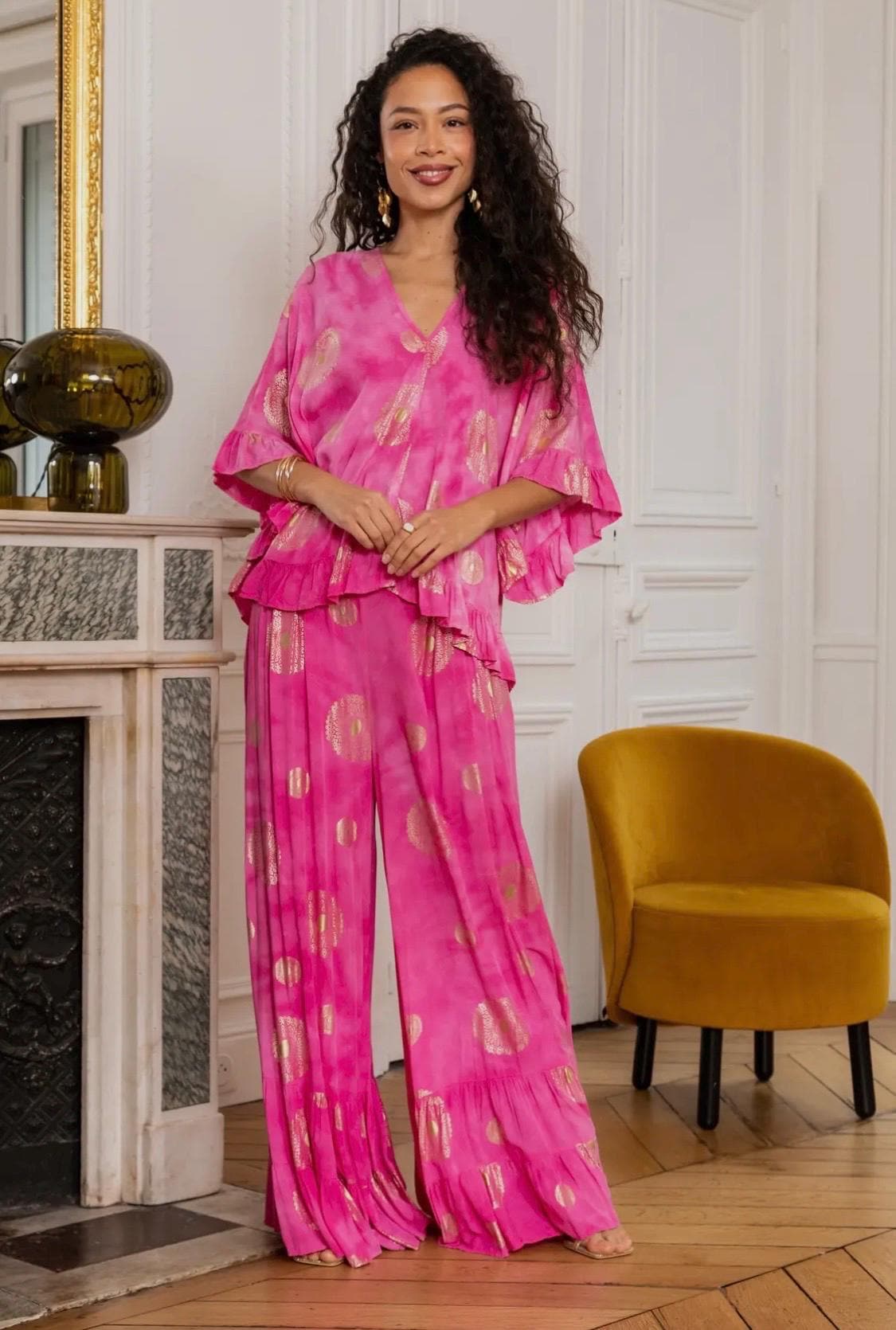 Beautiful,  co-ordinated flared trouser suit, v-back neck with gold tassle, weddings, parties, birthdays. Available in grey, purple or pink