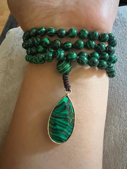 108 Bead Meditation Necklace, Jap Mala Green Malachite Necklace