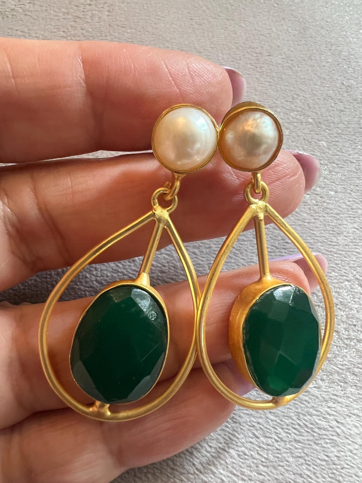 Genuine Gemstone Dangler Earrings with Pearl, Amethyst Black Onyx and Aquamarine