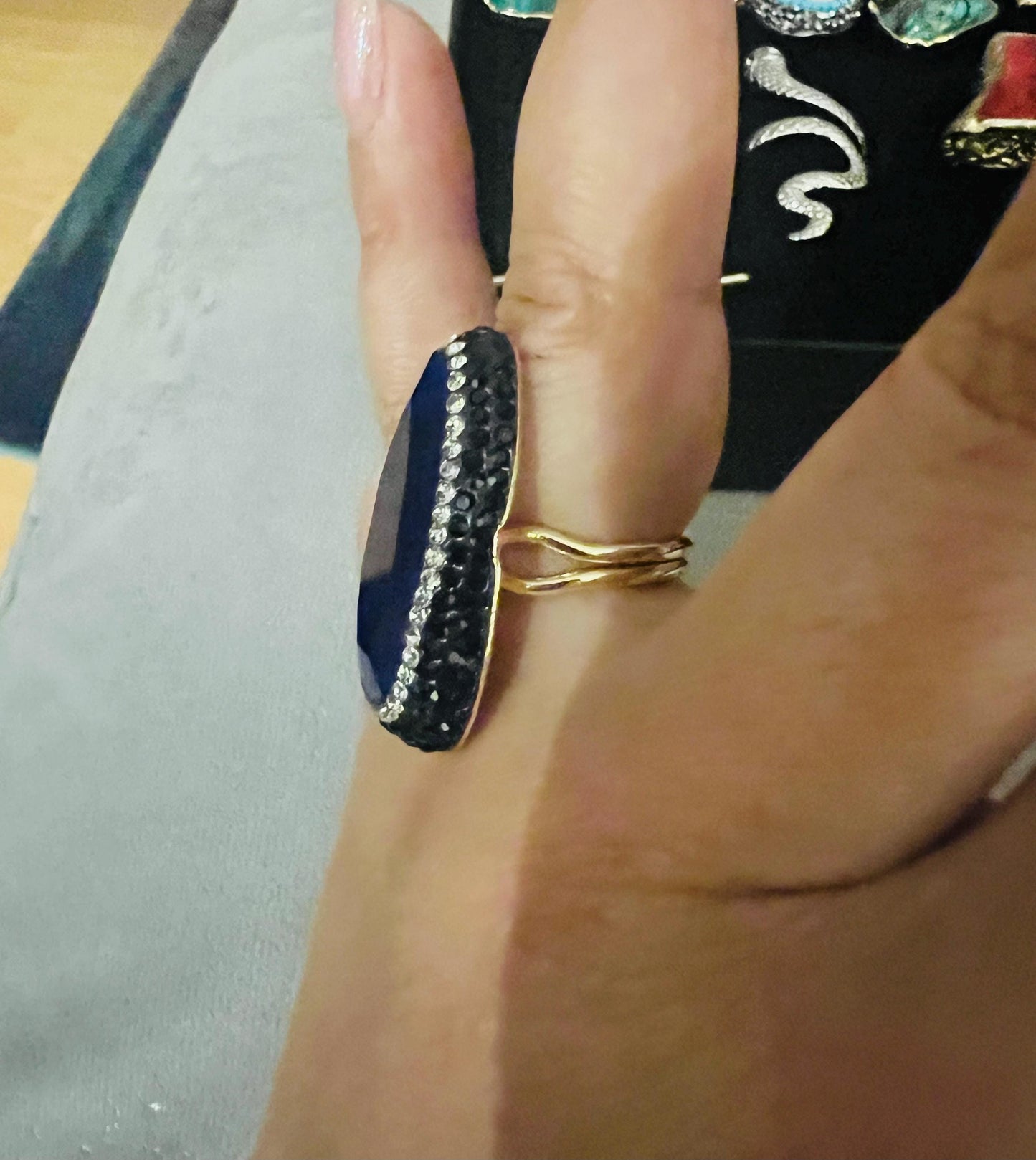 Handmade glass stone with stunning crystal surround, gold plated adjustable ring