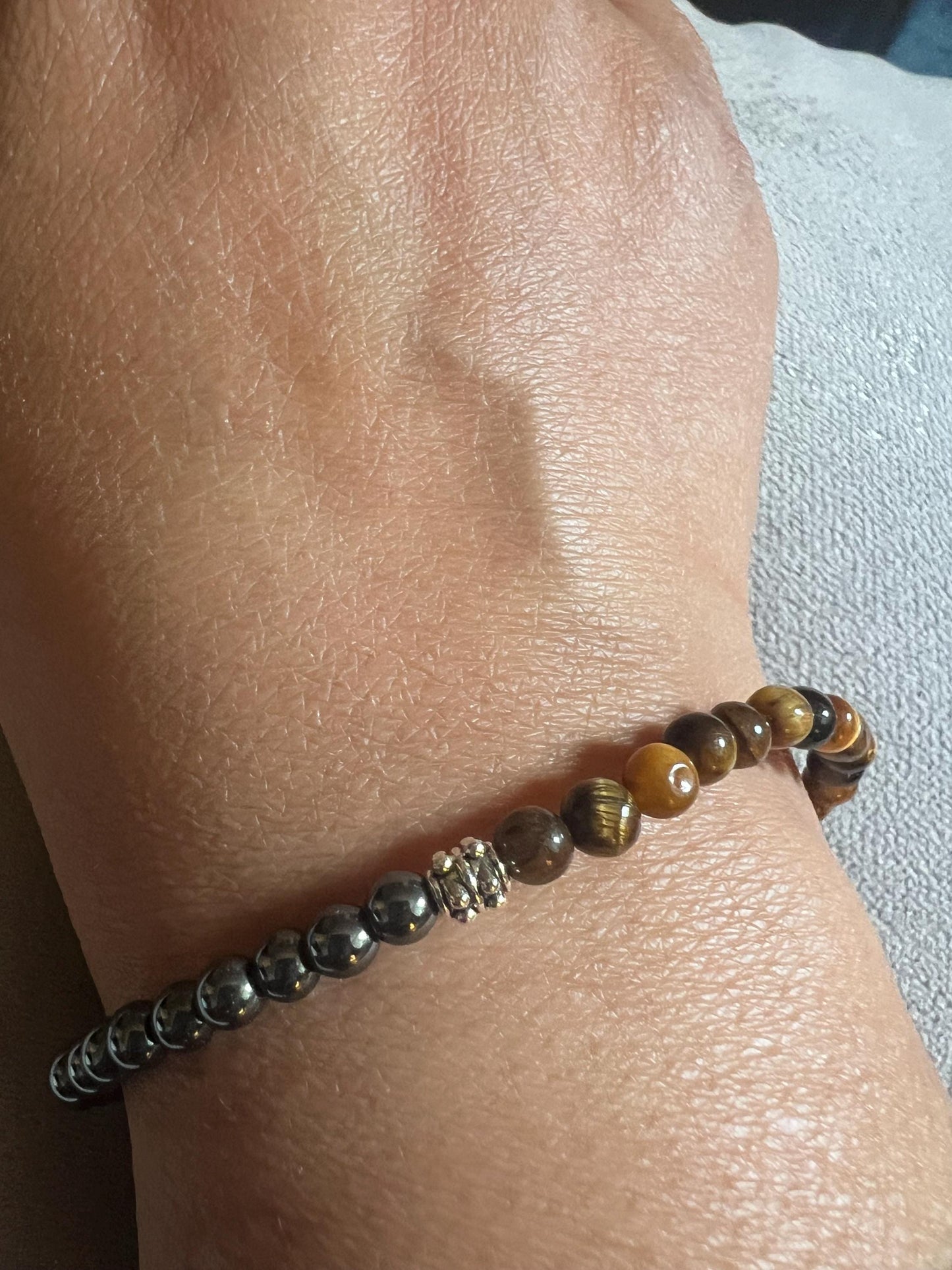 Triple Protection Bracelet Hematite Black Onyx Tiger Eye Silver Beads 4mm Crystal Healing Jewelry