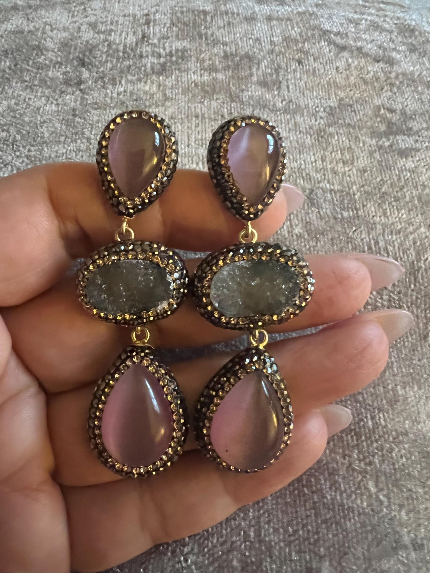 Earrings with grey and pink cats eye  925 silver with Swarovski crystal surround.