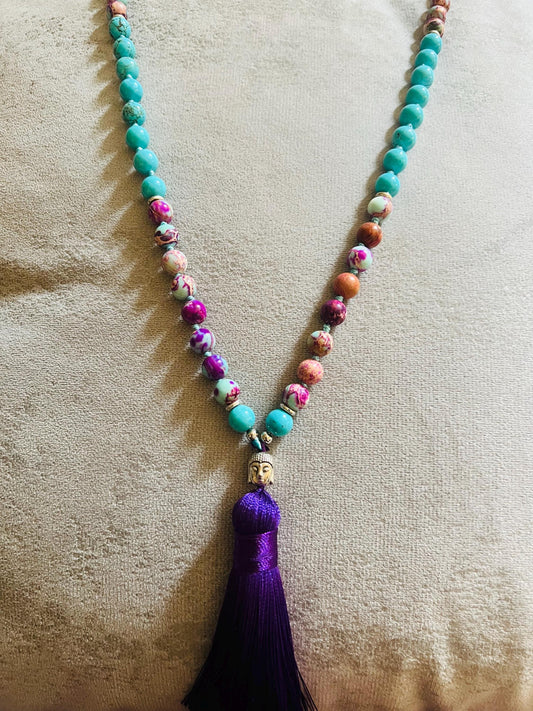108 Bead Meditation Necklace, Jap Mala, turquoise and violet jasper gemstones