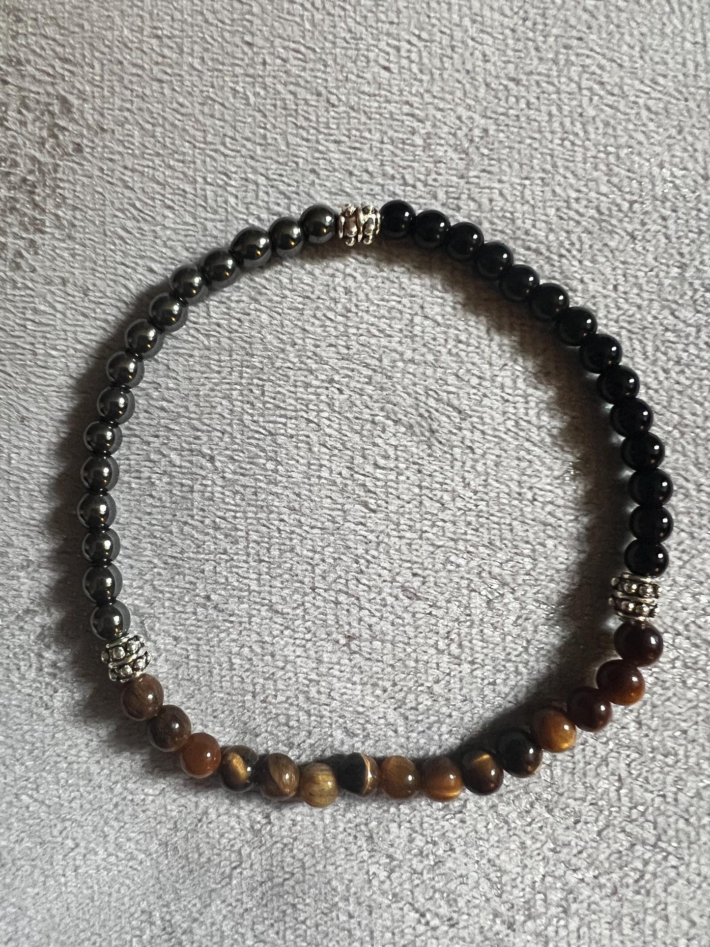 Triple Protection Bracelet Hematite Black Onyx Tiger Eye Silver Beads 4mm Crystal Healing Jewelry