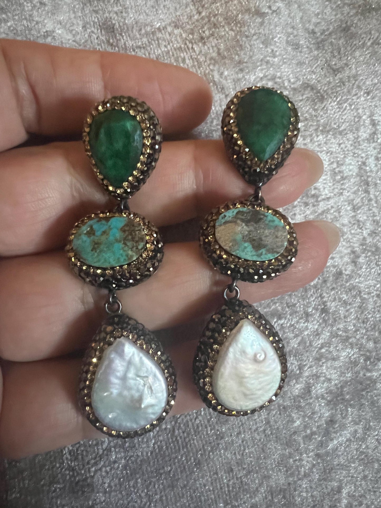 Earrings with grey and pink cats eye  925 silver with Swarovski crystal surround.