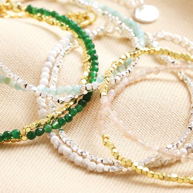 Green Semi-Precious Stone Layered Beaded Bracelet in Gold
