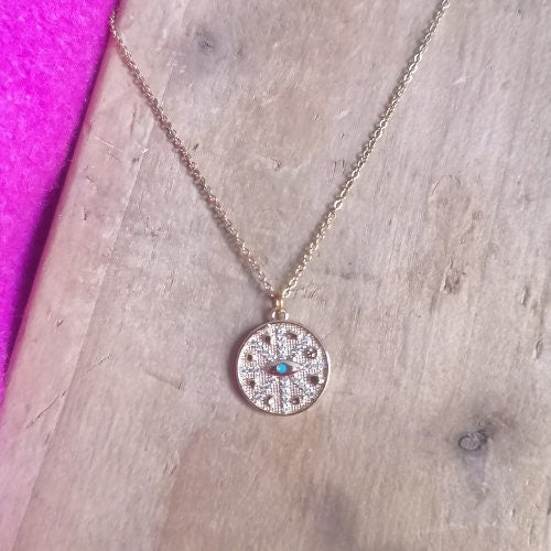 Evil Eye Coin Necklace with turquoise centre stone and Cubic Zirconia designs