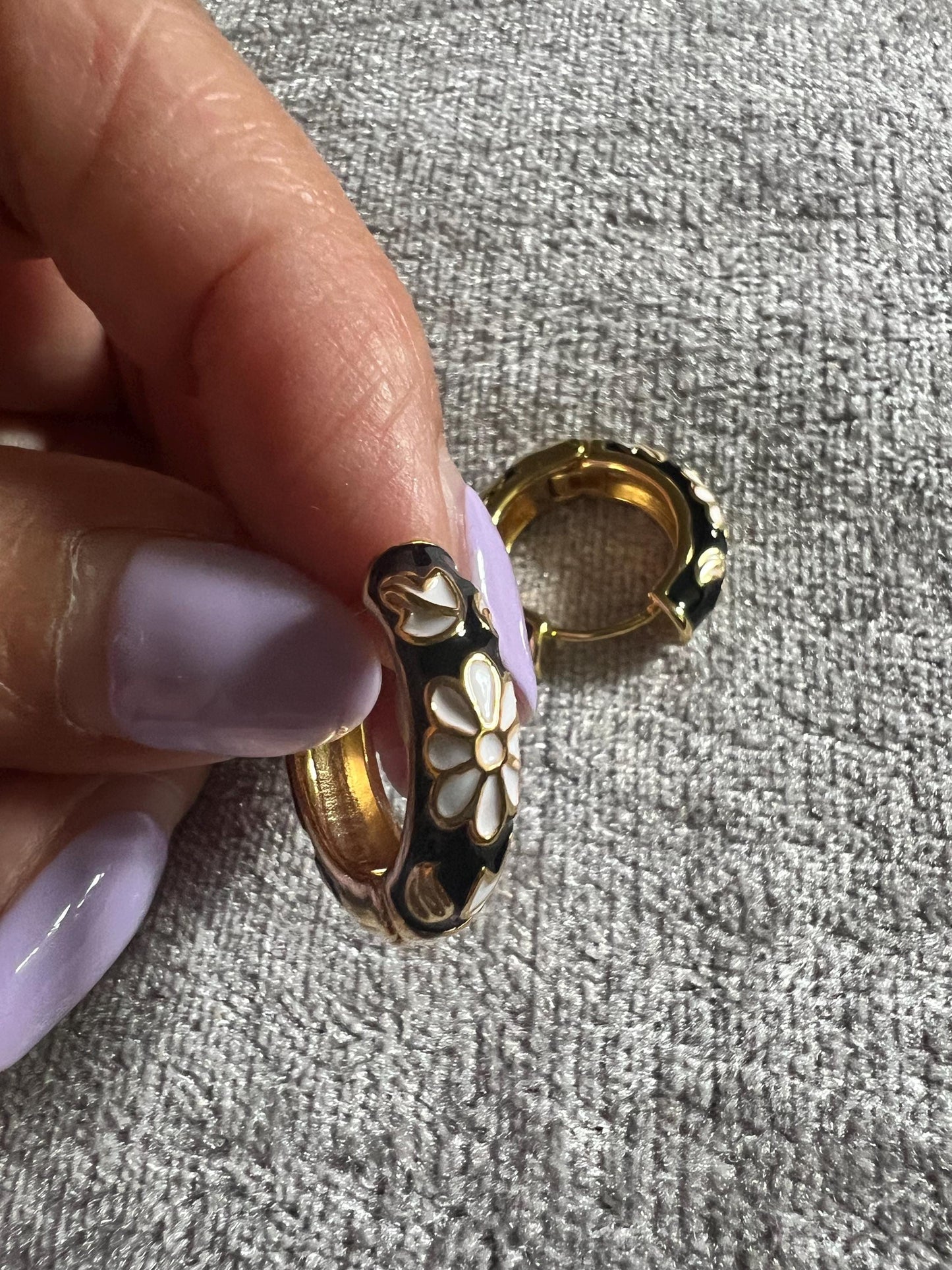 Huggie Earrings, black flower enamel design