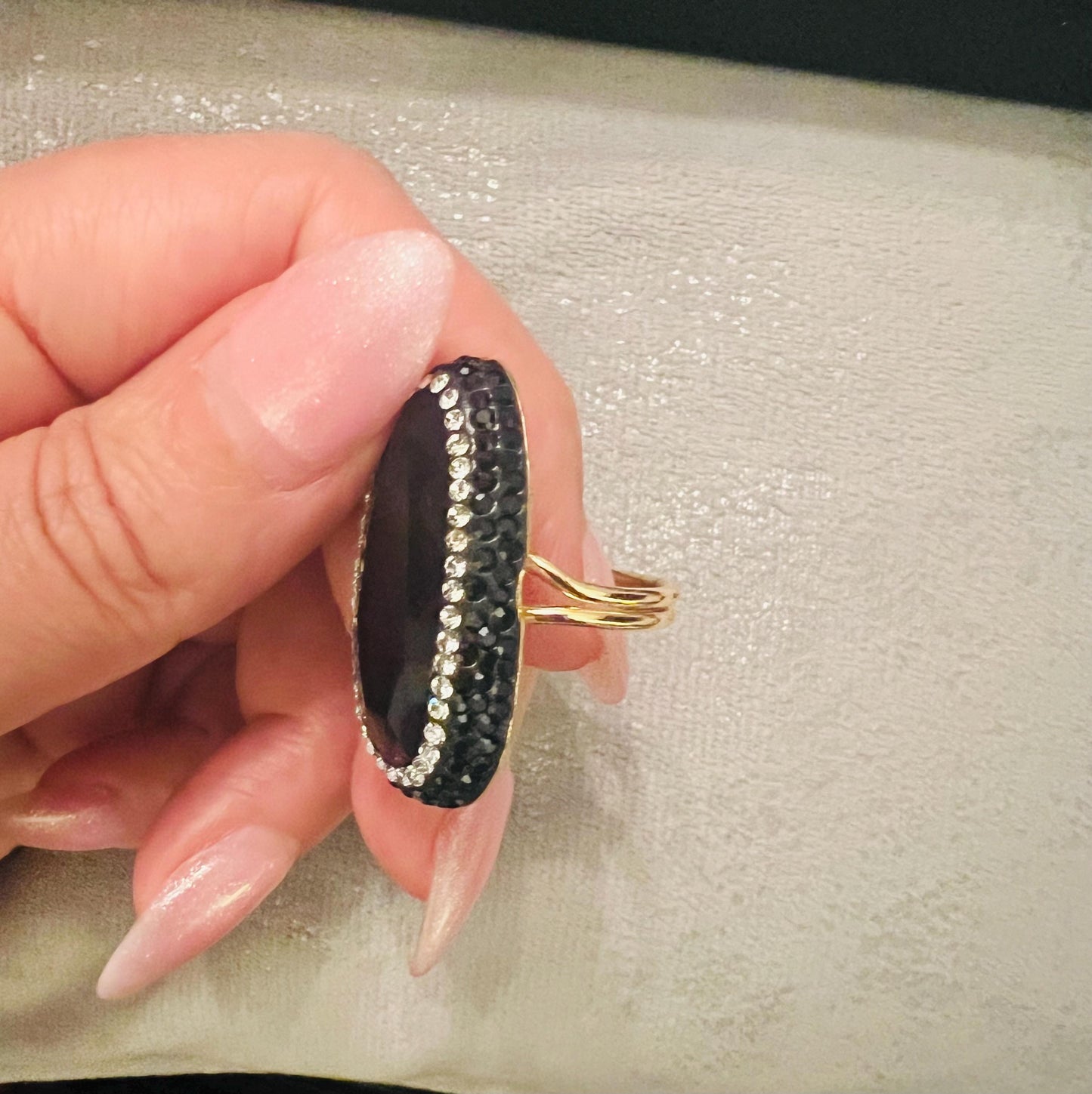 Handmade glass stone with stunning crystal surround, gold plated adjustable ring