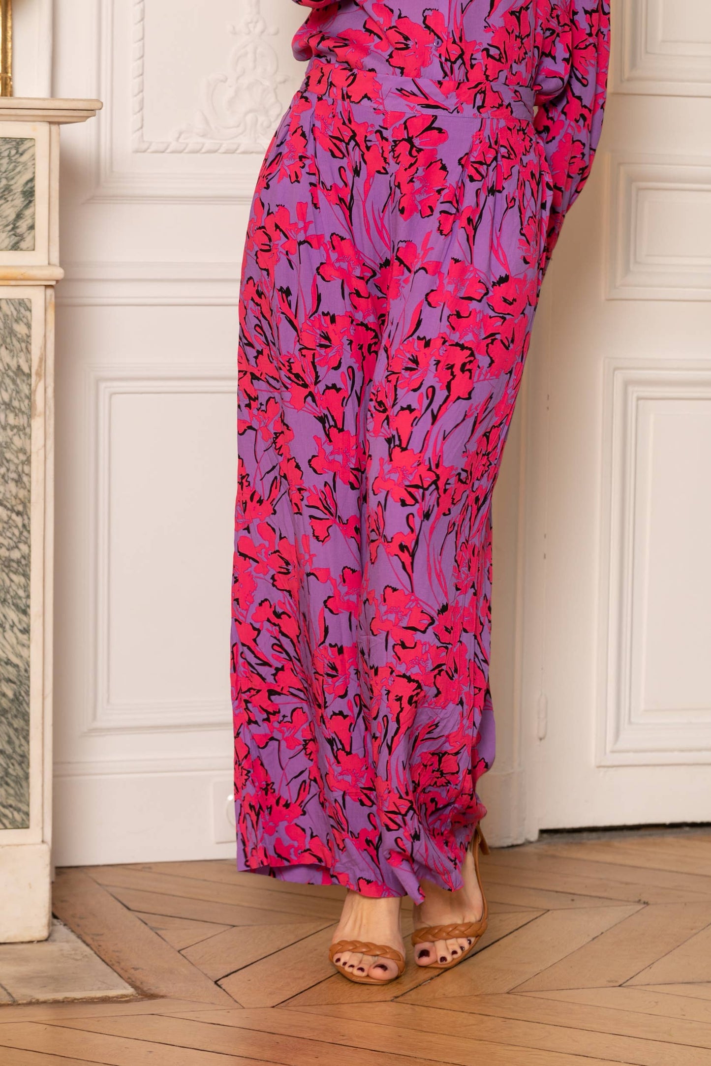 Fluid floral print shirt and pants set.