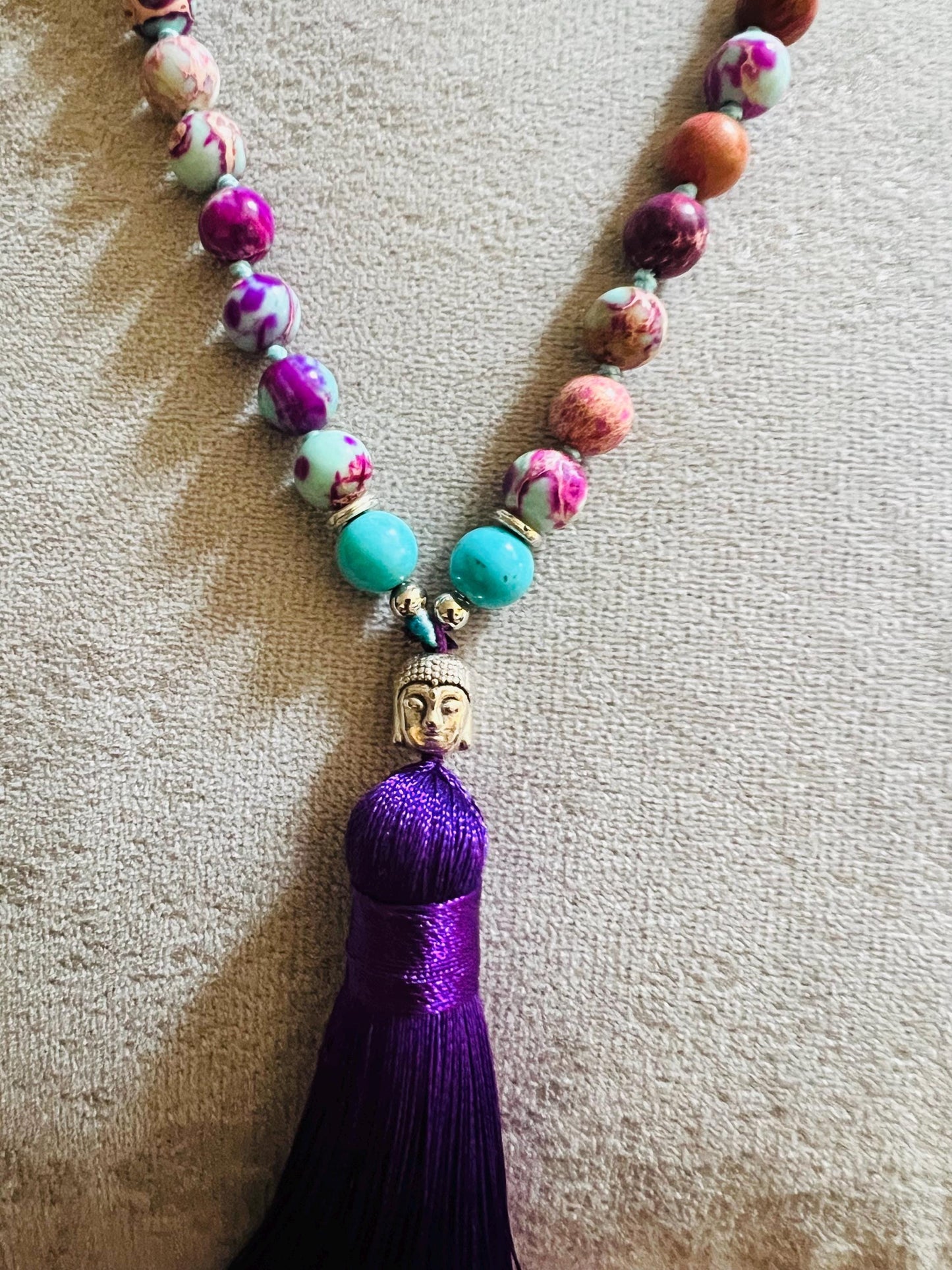 108 Bead Meditation Necklace, Jap Mala, turquoise and violet jasper gemstones