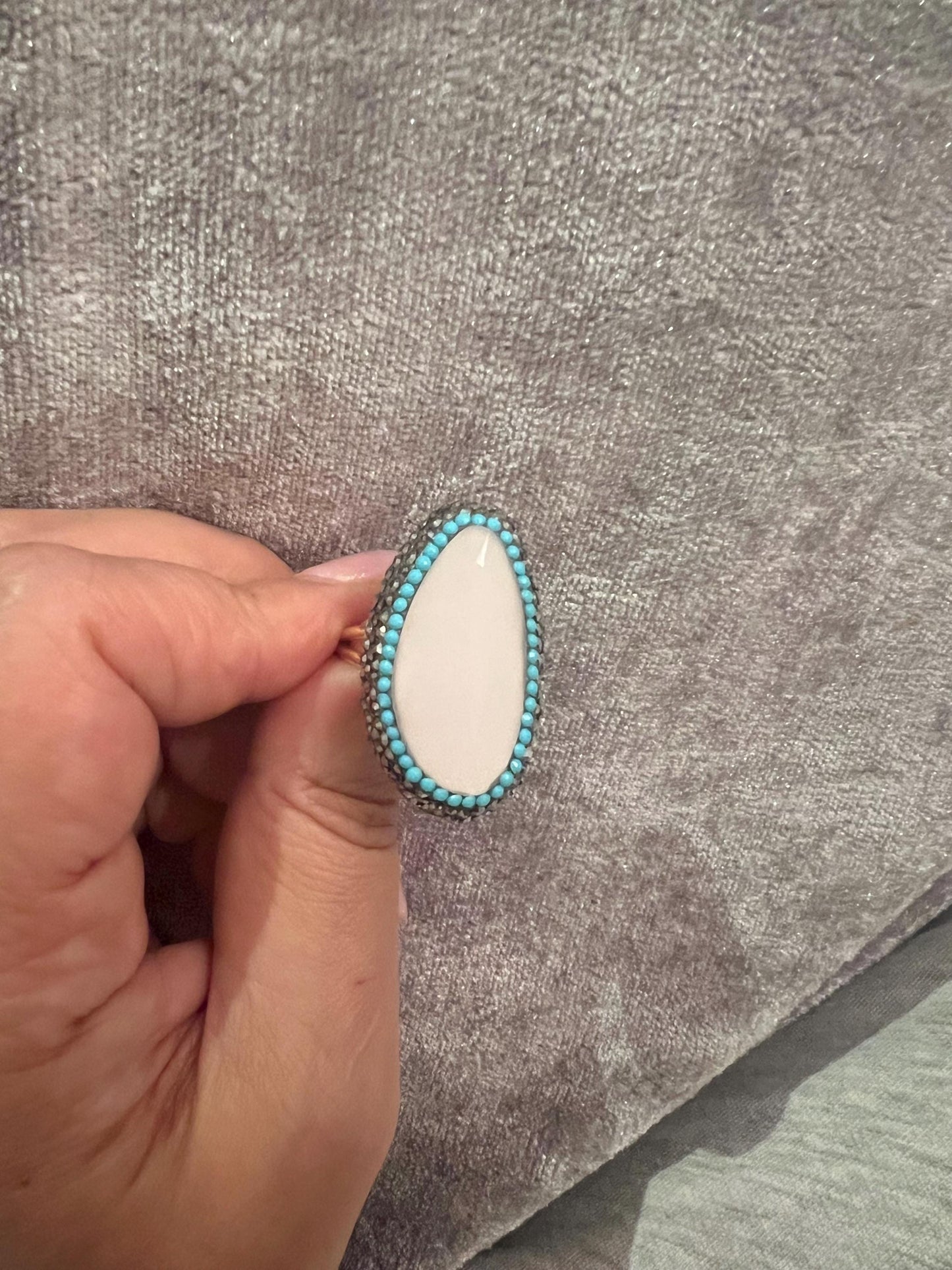 Handmade glass stone with stunning crystal surround, gold plated adjustable ring