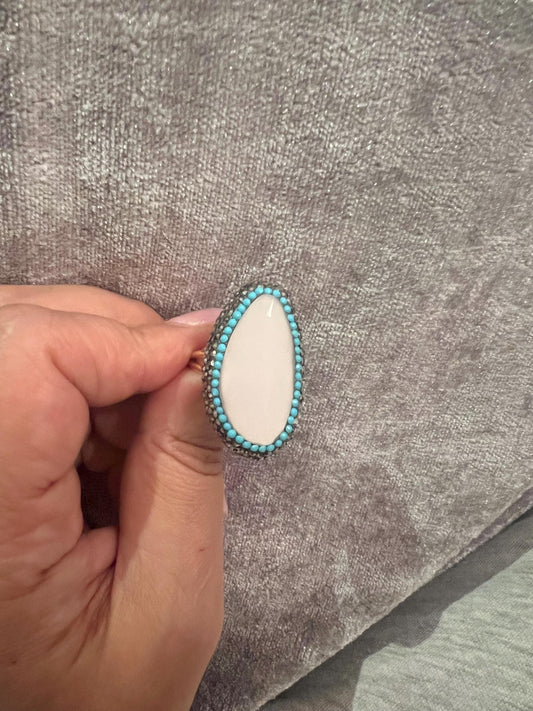 Handmade glass stone with stunning crystal surround, gold plated adjustable ring