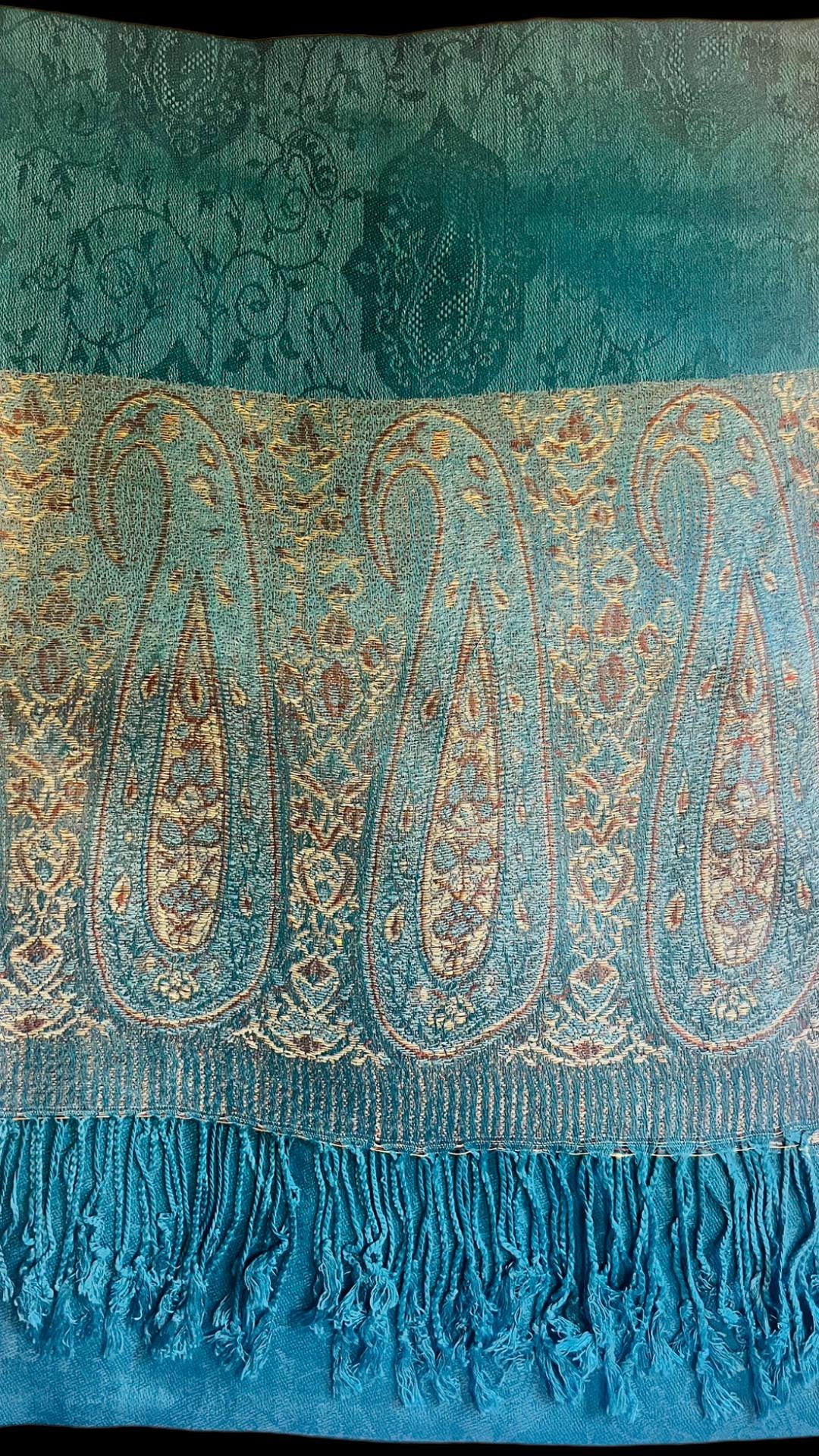 Pashmina/wrap/shawl with a beautiful paisley self print and a paisley border and fringe