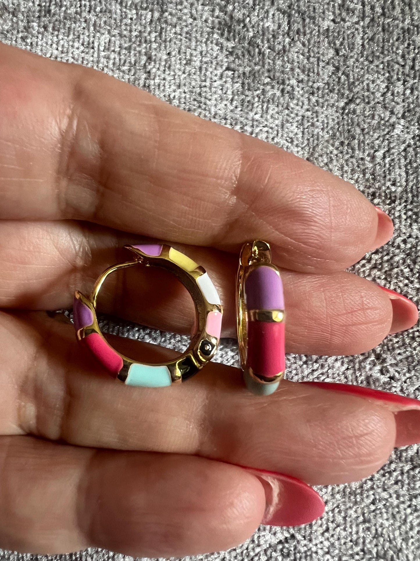 Huggie Earrings, multi coloured enamel design