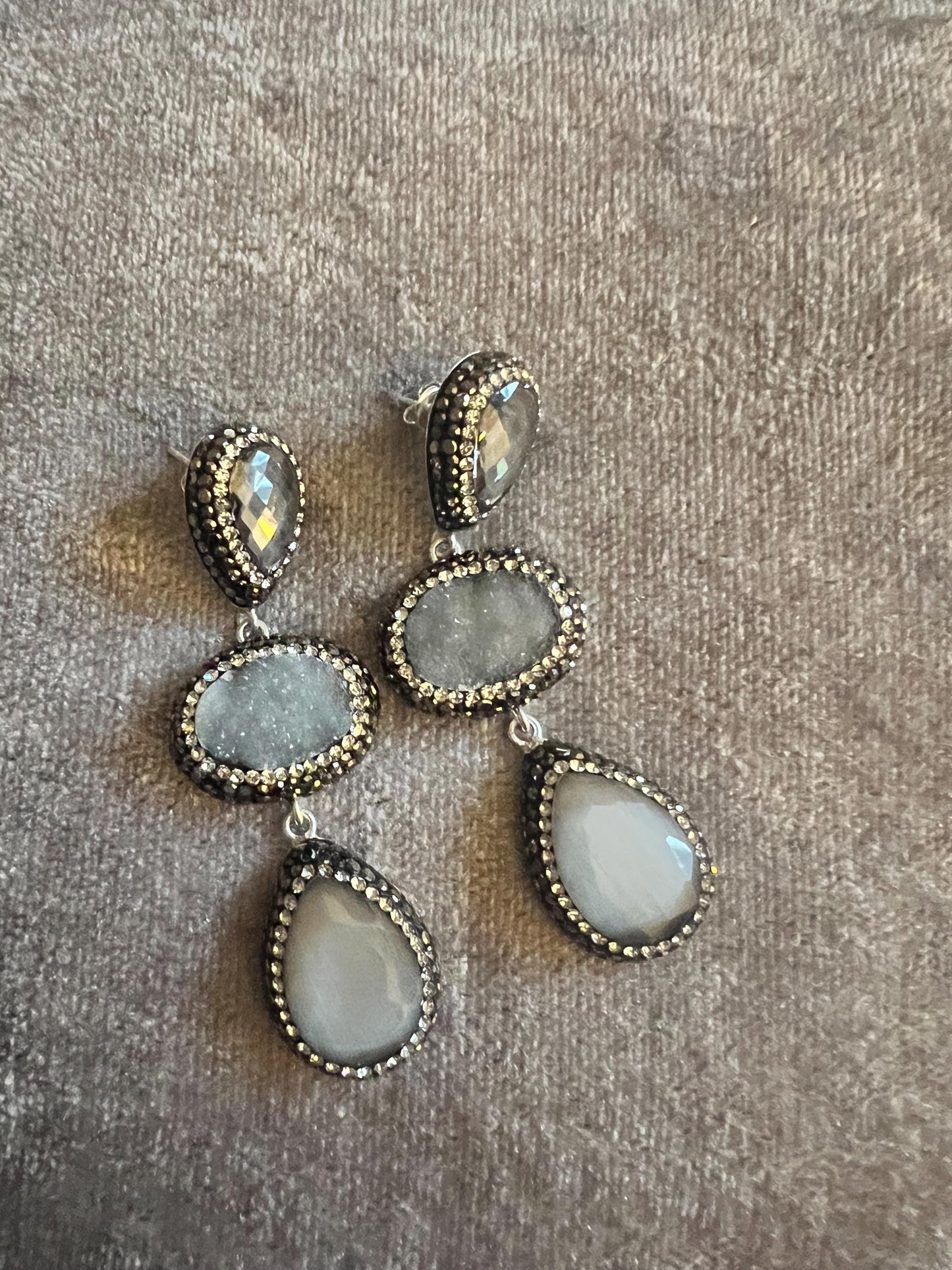 Earrings with grey and pink cats eye  925 silver with Swarovski crystal surround.